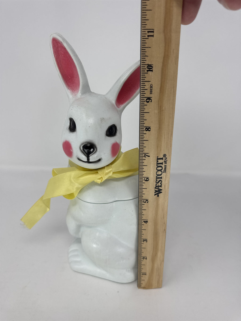 Vintage Easter Bunny Blow Mold Candy Container Big Eye Yellow Tie Plastic
