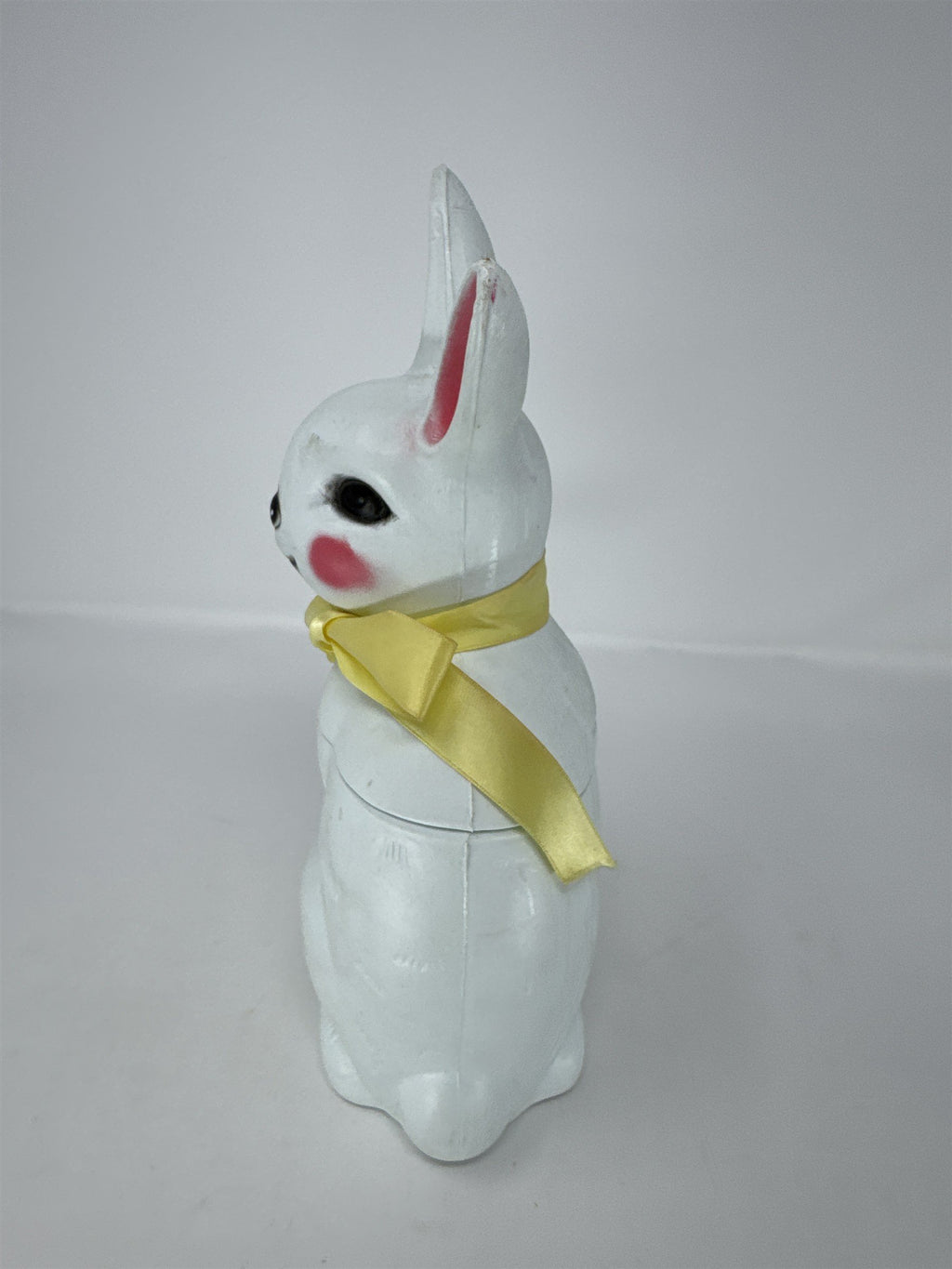 Vintage Easter Bunny Blow Mold Candy Container Big Eye Yellow Tie Plastic