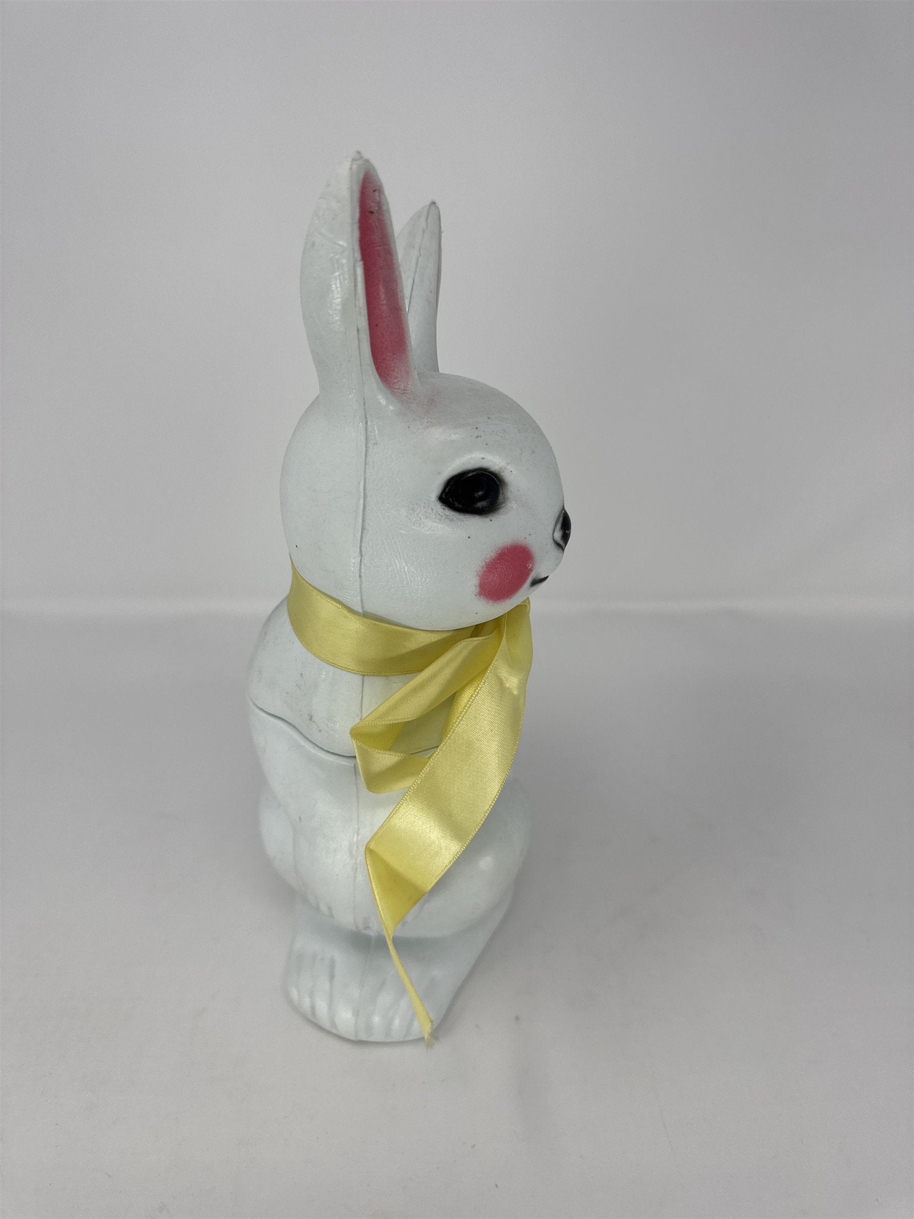 Vintage Easter Bunny Blow Mold Candy Container Big Eye Yellow Tie Plastic