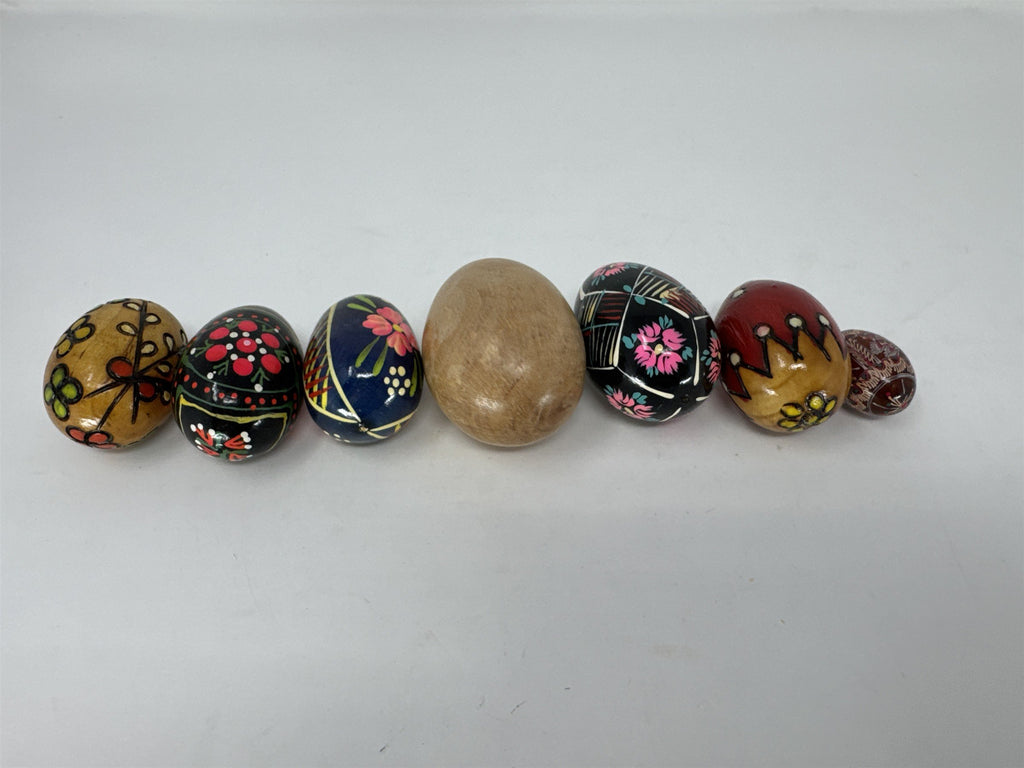 Lot of 7 Vintage Wooden Easter Eggs Hand Painted Folk Art Solid Wood Set