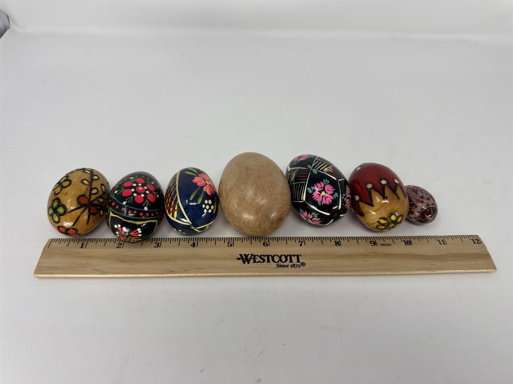 Lot of 7 Vintage Wooden Easter Eggs Hand Painted Folk Art Solid Wood Set