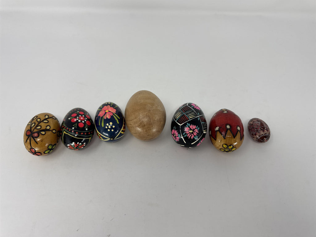 Lot of 7 Vintage Wooden Easter Eggs Hand Painted Folk Art Solid Wood Set