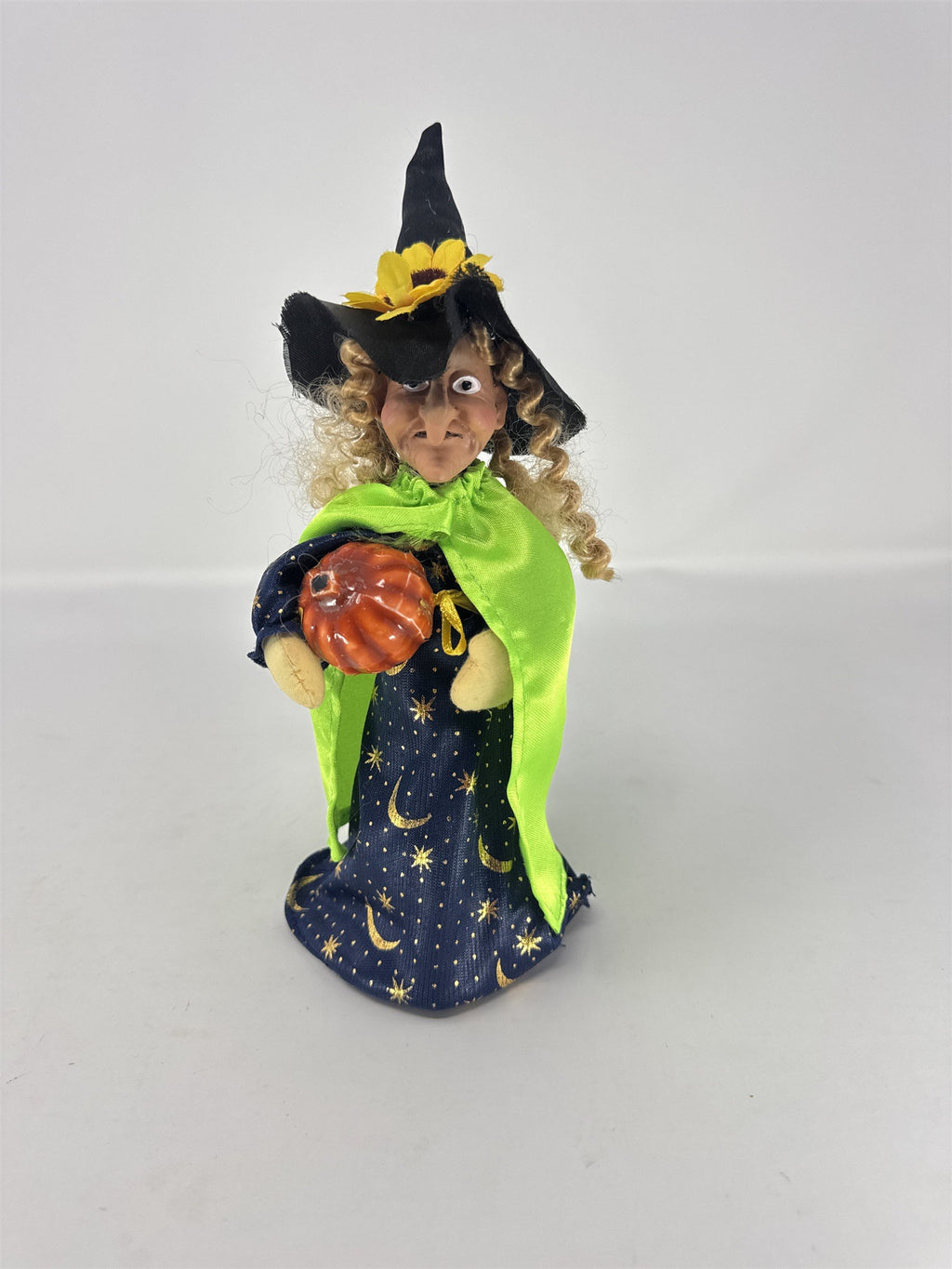 Vtg Halloween Witch Figurine Sunflower Hat Green Cape Celestial Gown Pumpkin