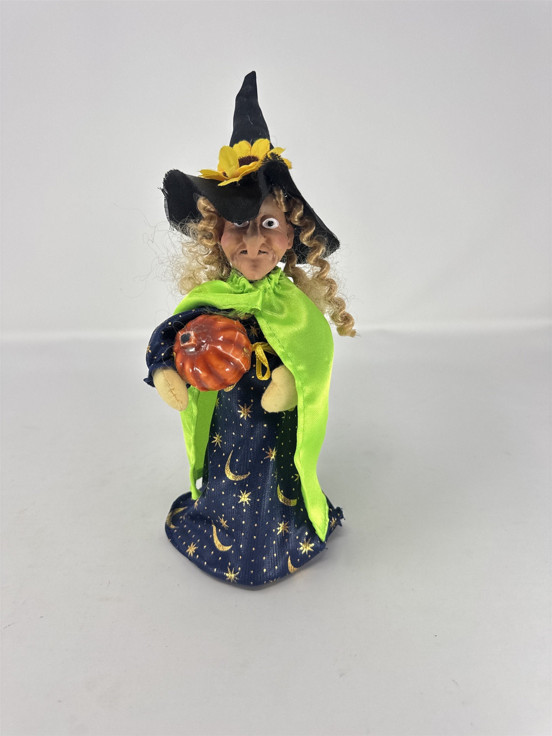 Vtg Halloween Witch Figurine Sunflower Hat Green Cape Celestial Gown Pumpkin