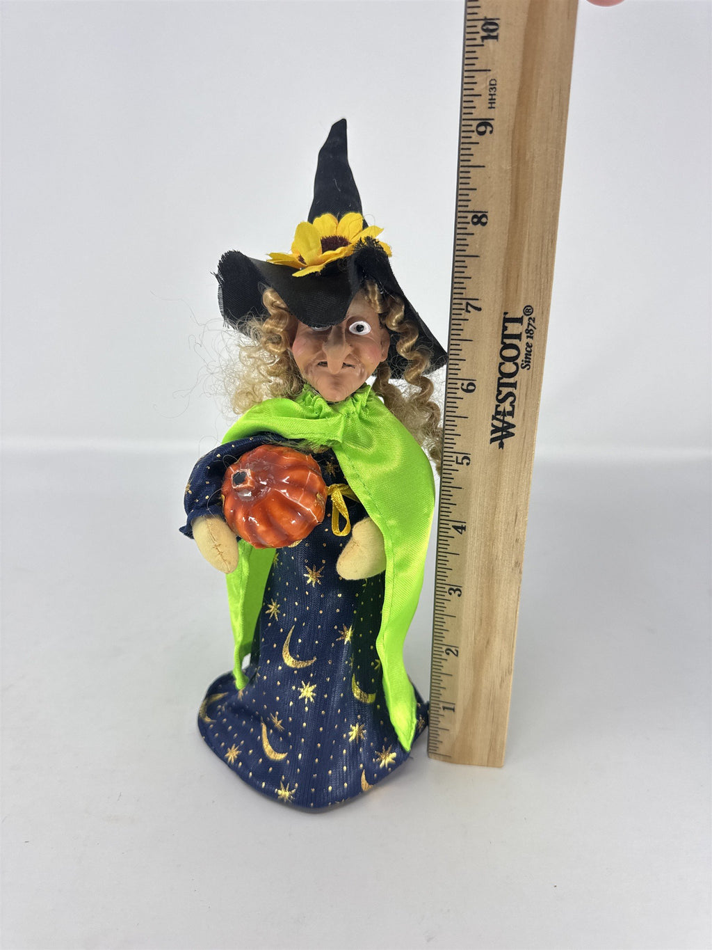 Vtg Halloween Witch Figurine Sunflower Hat Green Cape Celestial Gown Pumpkin