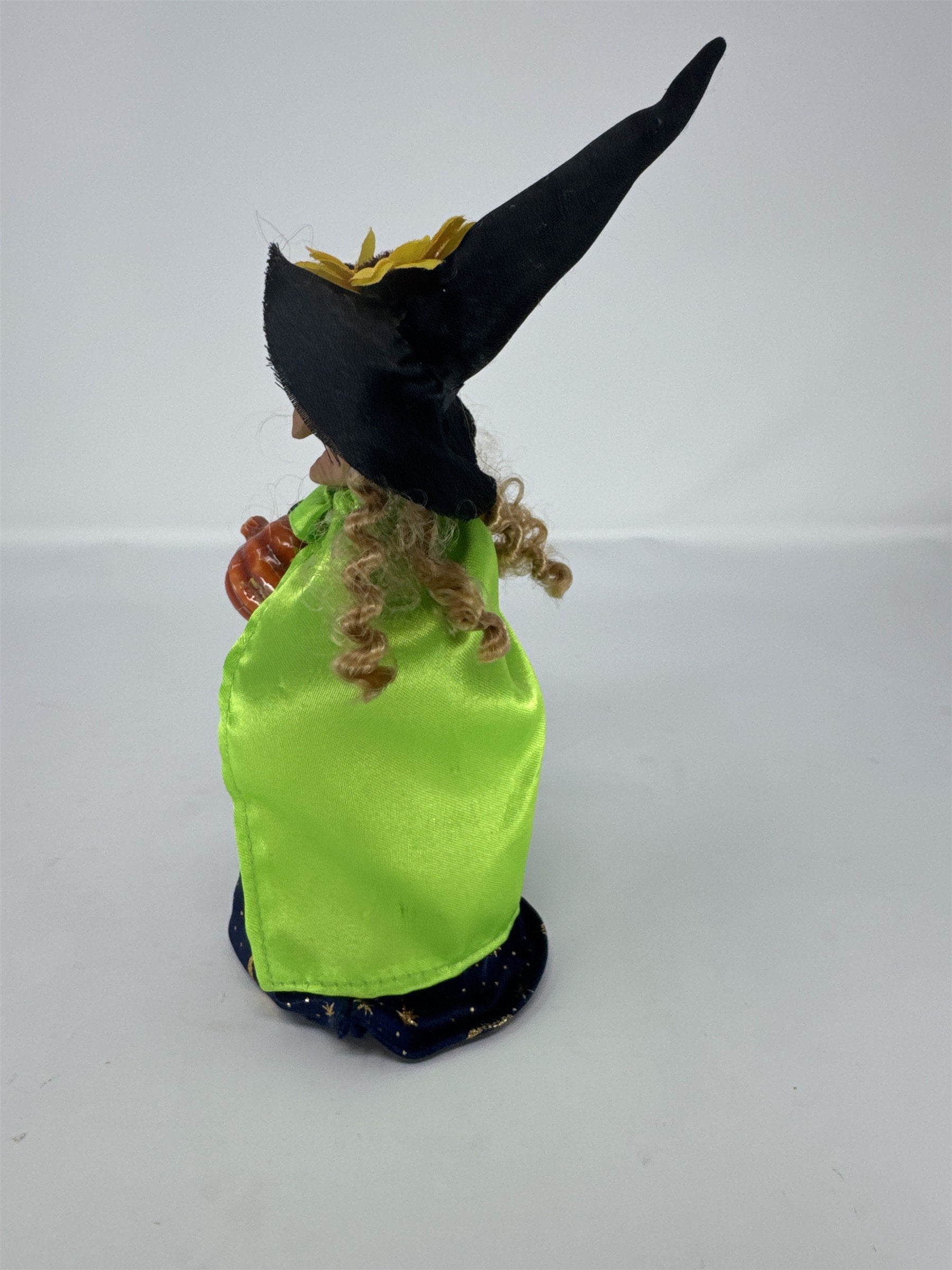Vtg Halloween Witch Figurine Sunflower Hat Green Cape Celestial Gown Pumpkin