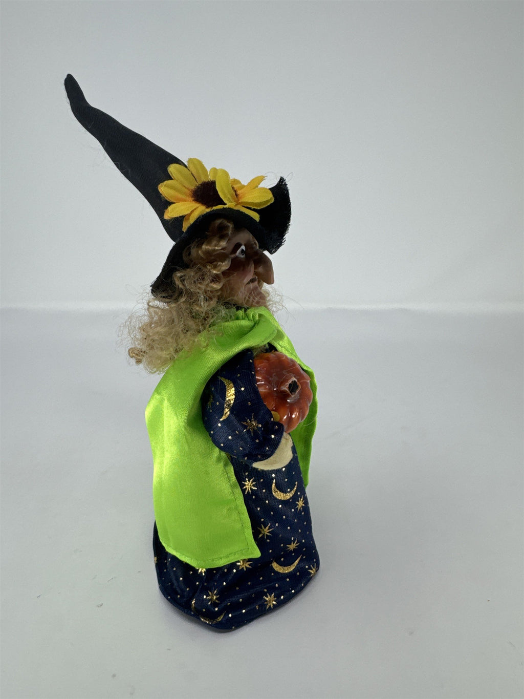 Vtg Halloween Witch Figurine Sunflower Hat Green Cape Celestial Gown Pumpkin