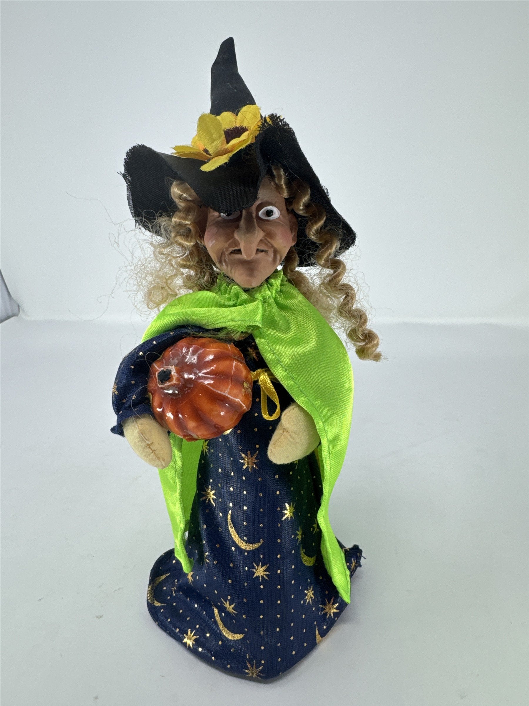 Vtg Halloween Witch Figurine Sunflower Hat Green Cape Celestial Gown Pumpkin