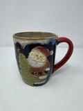 Vtg 3D Santa Claus Christmas Tree Snowflake Mug Blue Stoneware Drip Glaze Rim