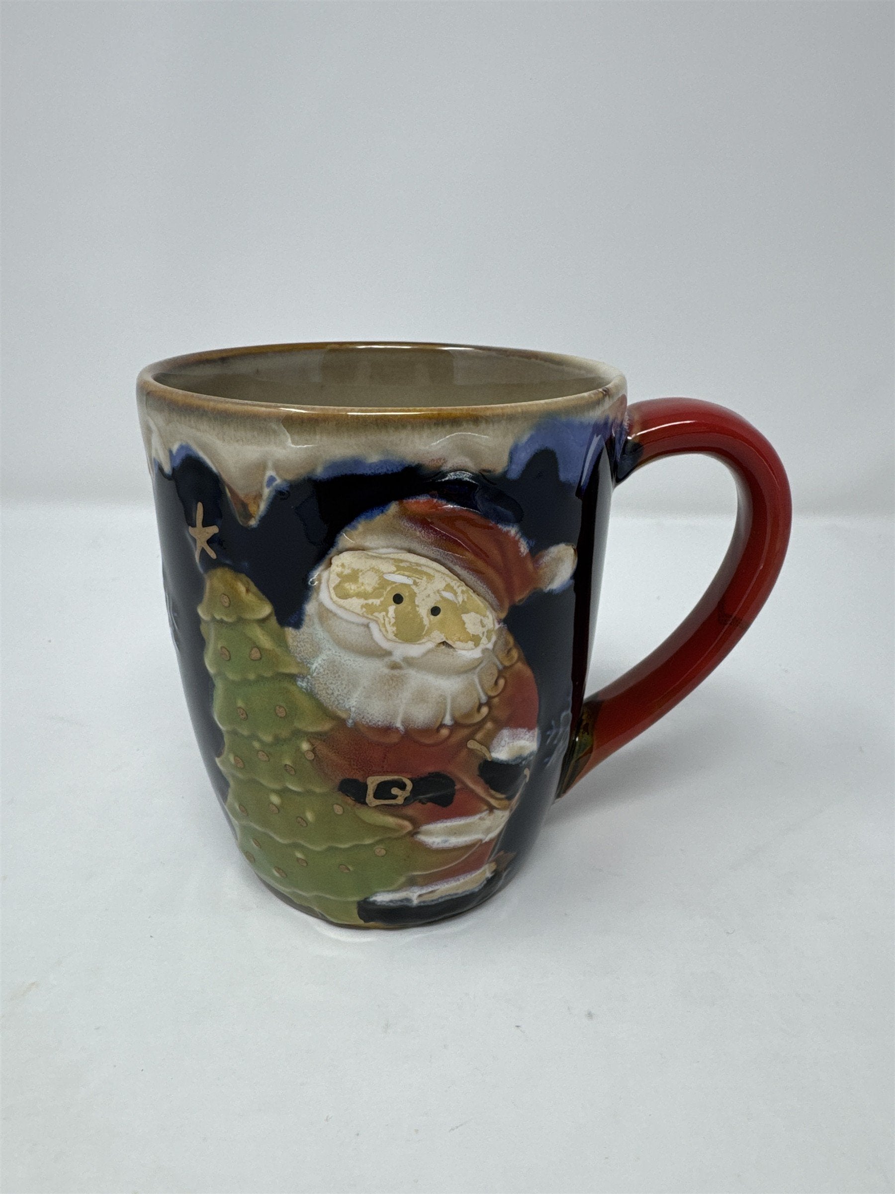 Vtg 3D Santa Claus Christmas Tree Snowflake Mug Blue Stoneware Drip Glaze Rim
