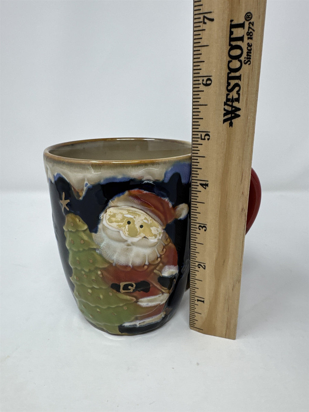Vtg 3D Santa Claus Christmas Tree Snowflake Mug Blue Stoneware Drip Glaze Rim