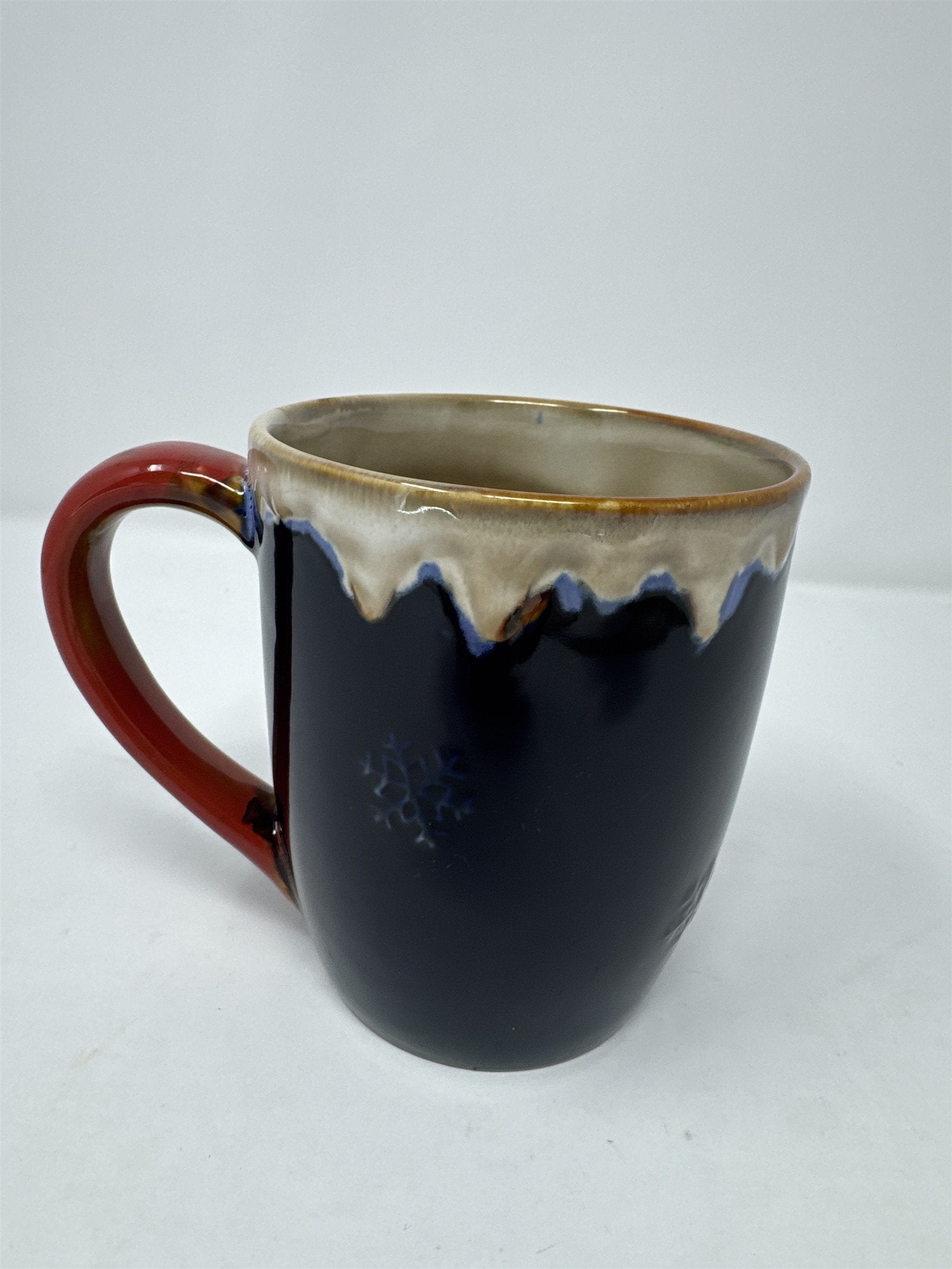 Vtg 3D Santa Claus Christmas Tree Snowflake Mug Blue Stoneware Drip Glaze Rim