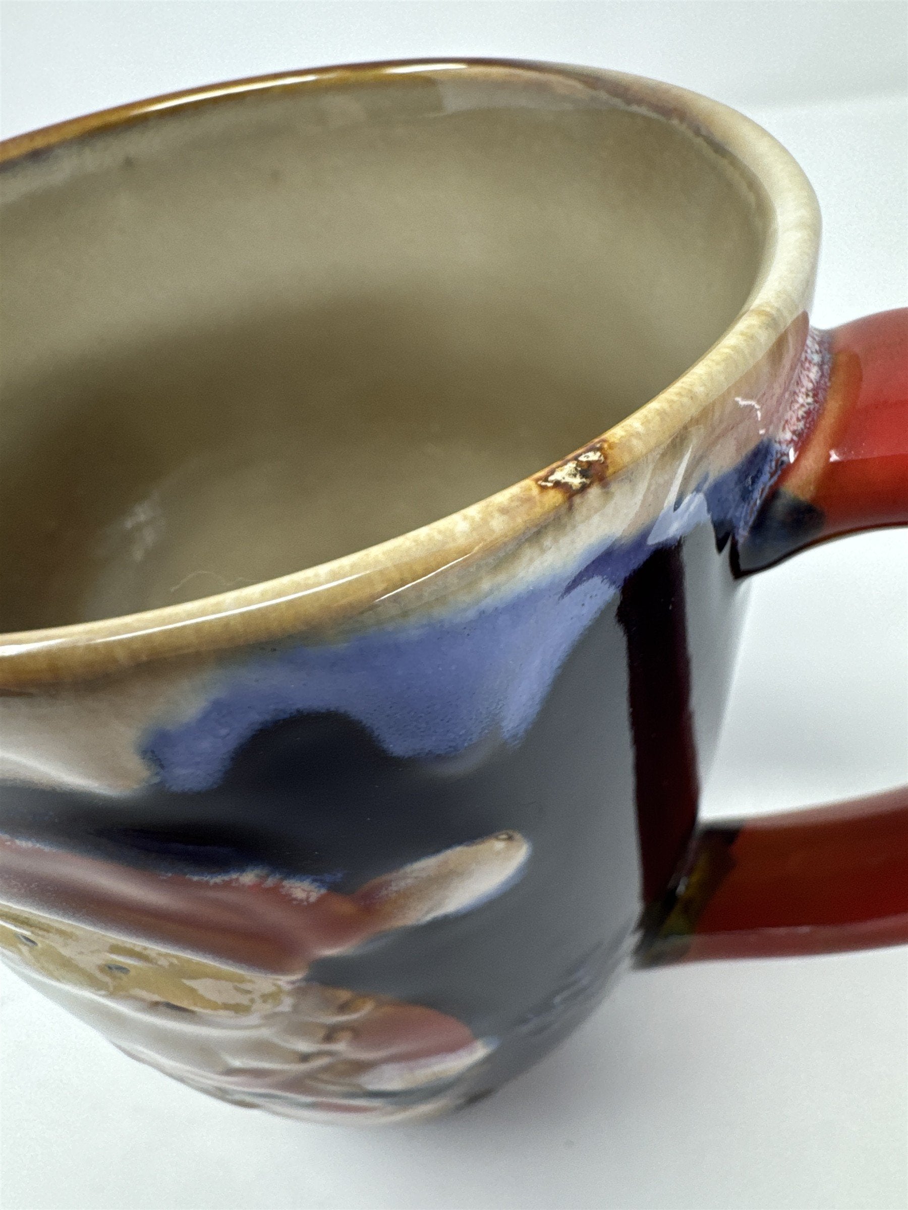 Vtg 3D Santa Claus Christmas Tree Snowflake Mug Blue Stoneware Drip Glaze Rim