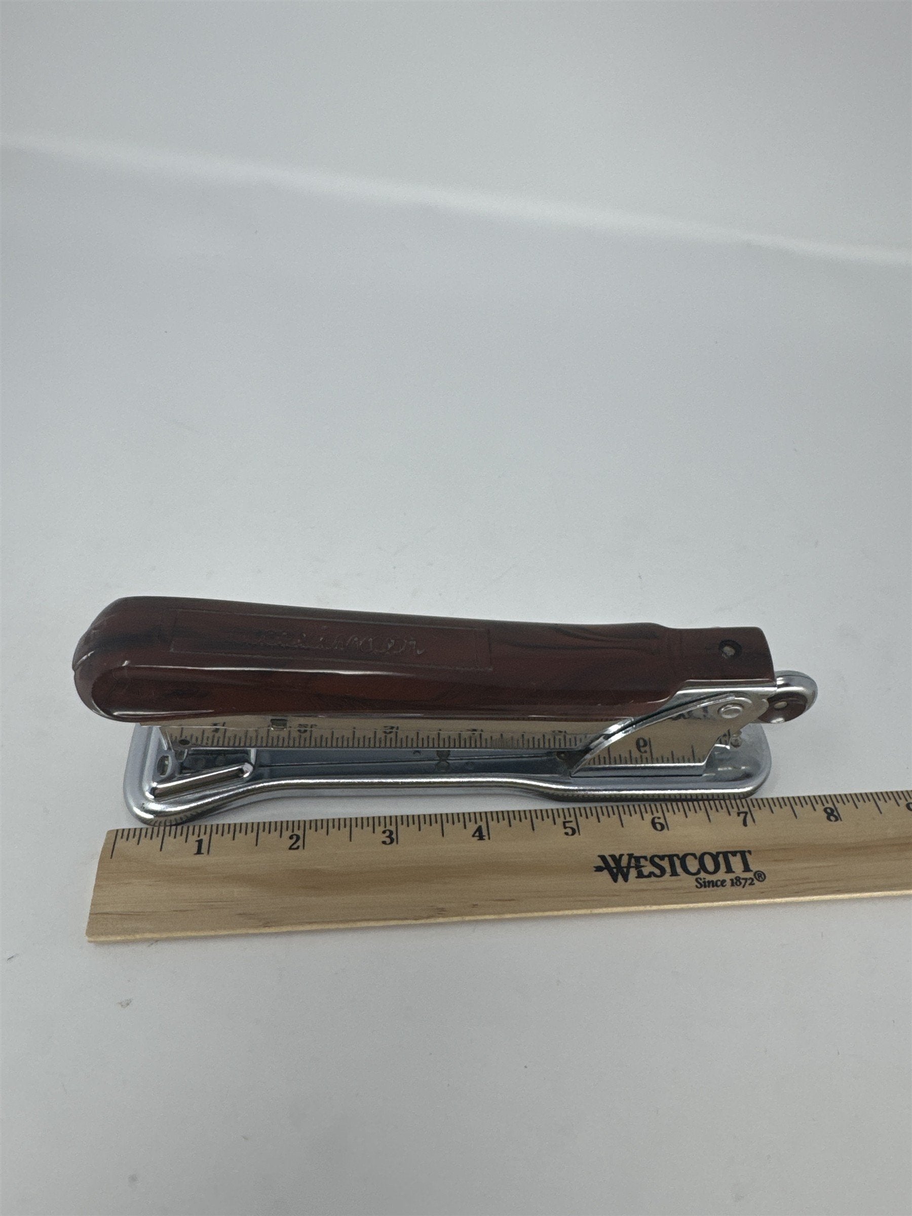 Vtg Aceliner Model 502 Stapler Brown Marble Bakelite Top Chrome Made in USA