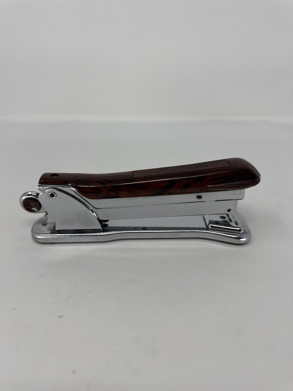 Vtg Aceliner Model 502 Stapler Brown Marble Bakelite Top Chrome Made in USA