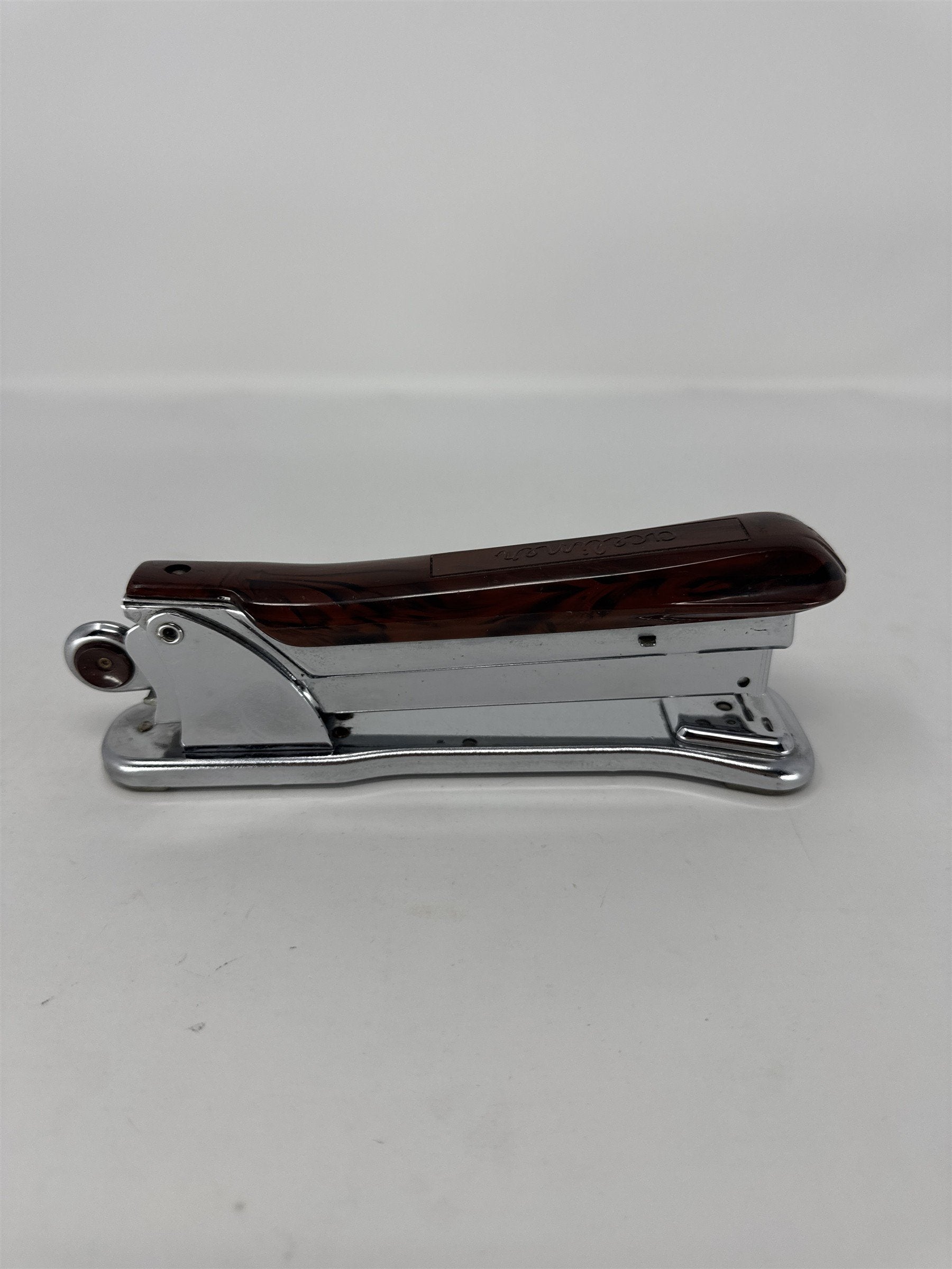 Vtg Aceliner Model 502 Stapler Brown Marble Bakelite Top Chrome Made in USA