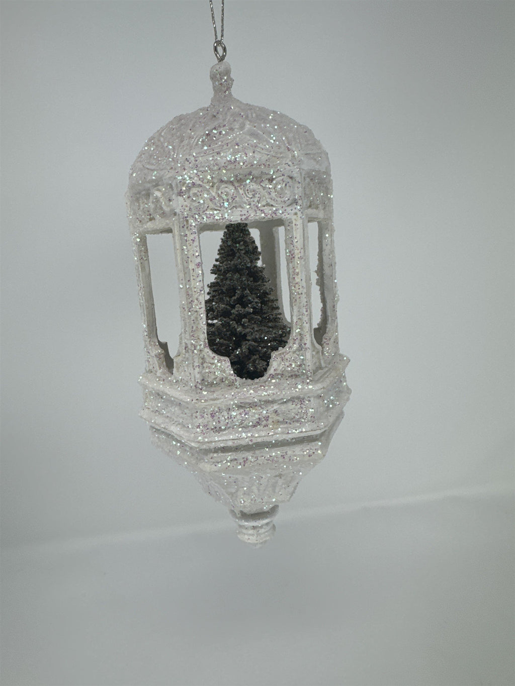 White Glitter Lantern Christmas Ornament Victorian Style Bottle Brush Tree 6.5"