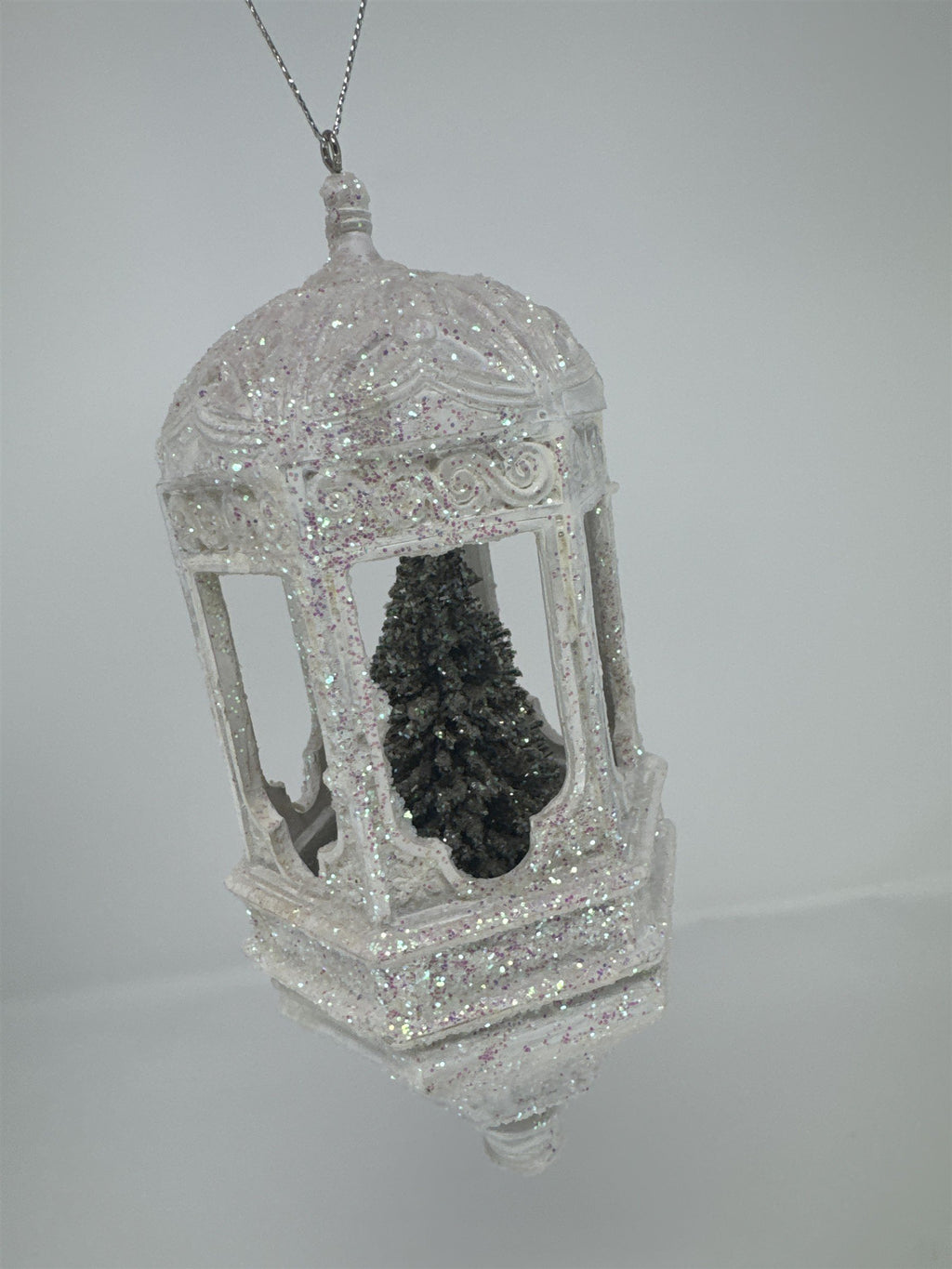 White Glitter Lantern Christmas Ornament Victorian Style Bottle Brush Tree 6.5"