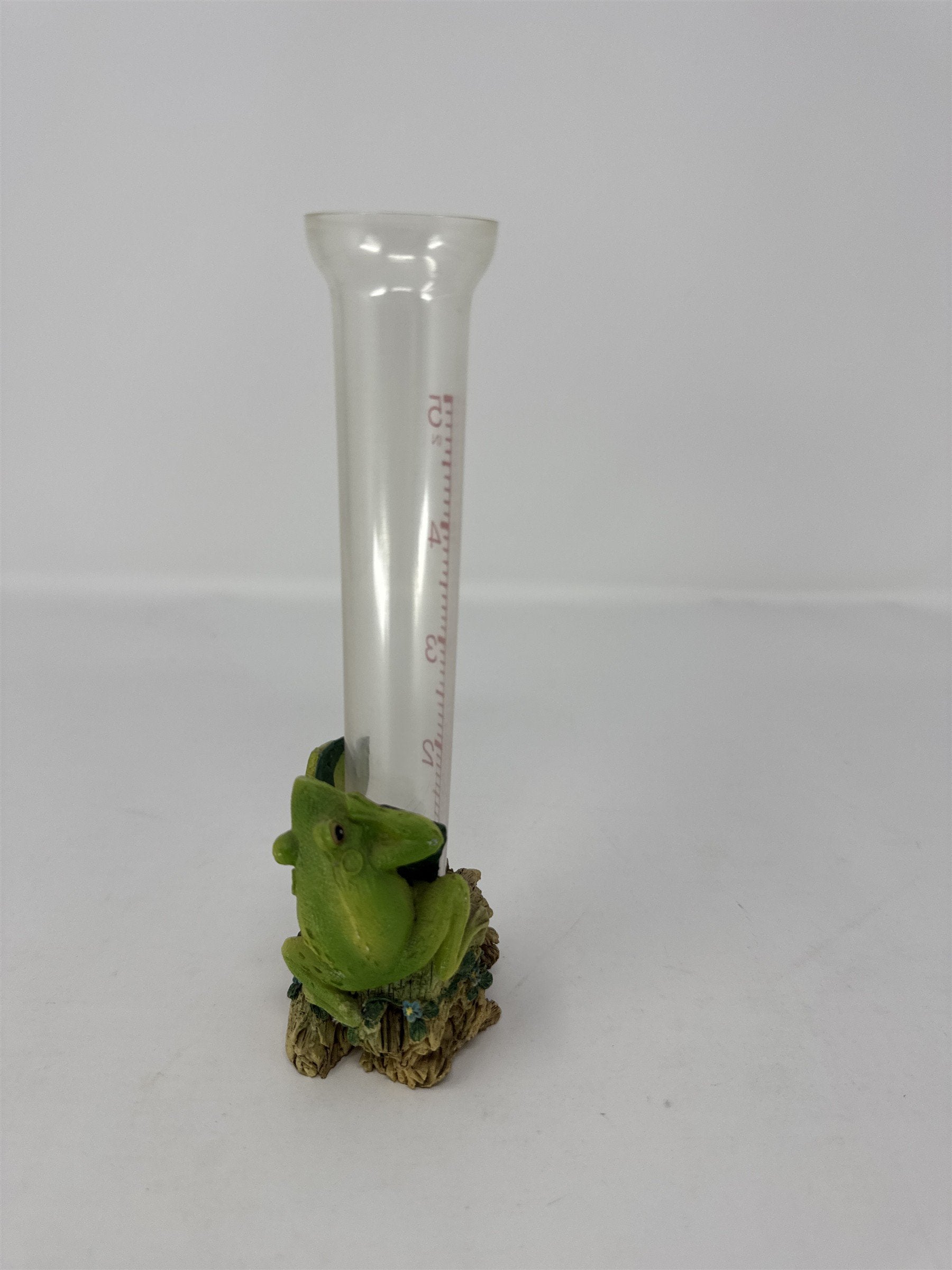 Vtg Frog on Log Rain Gauge Figurine Glass Tube Resin Garden Decor Statuary