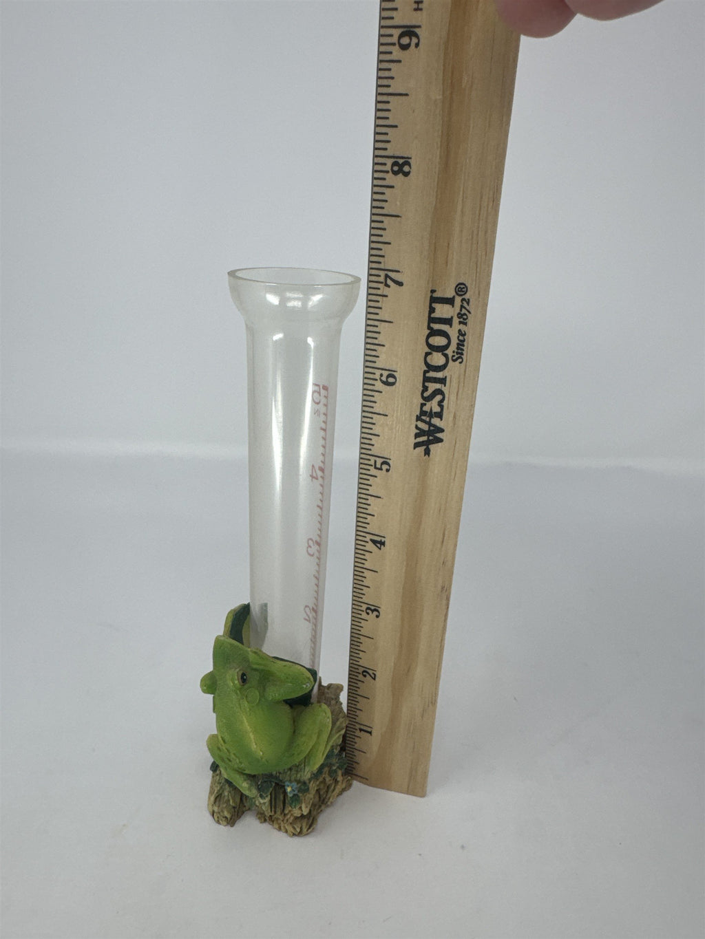 Vtg Frog on Log Rain Gauge Figurine Glass Tube Resin Garden Decor Statuary