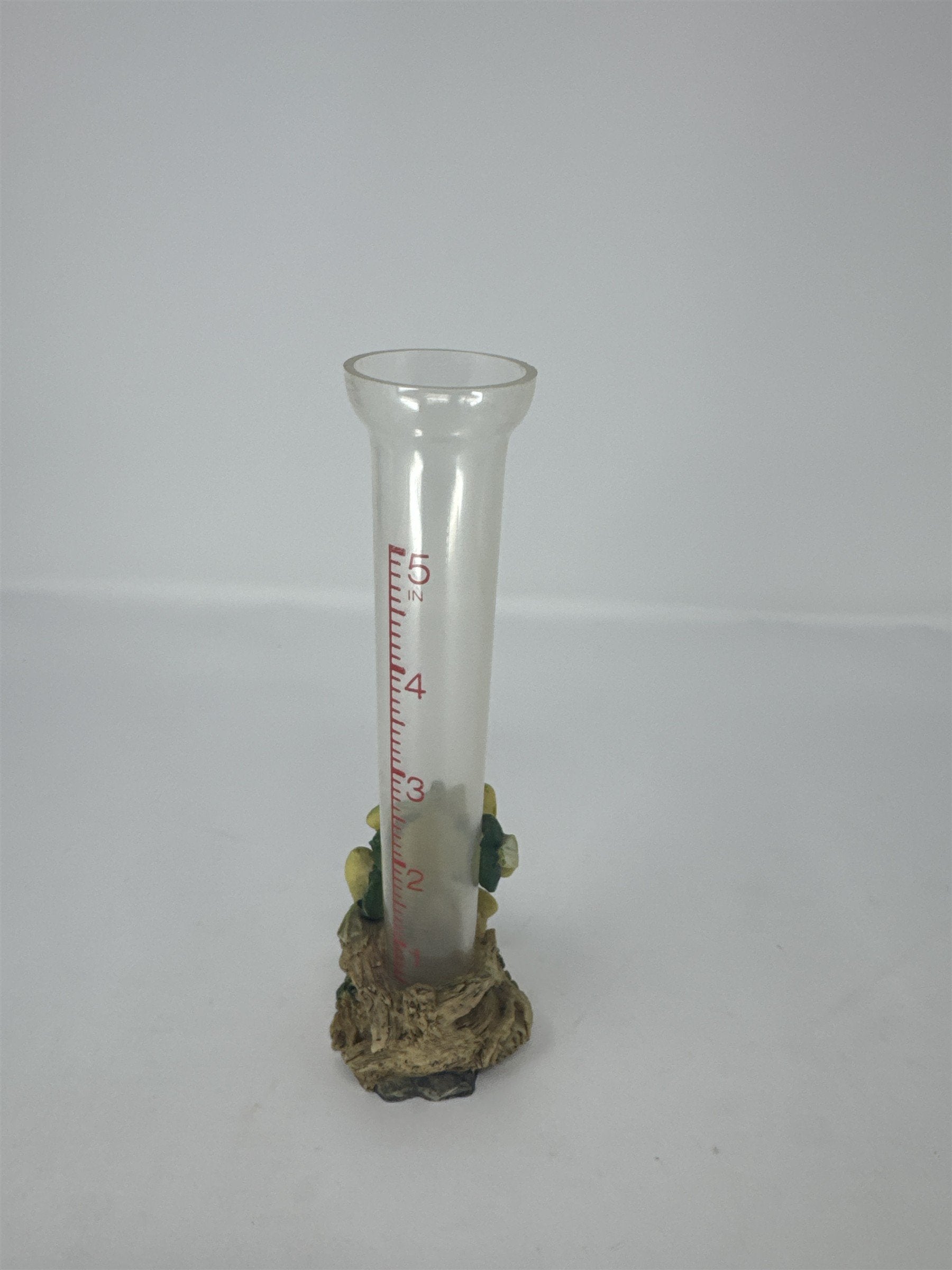 Vtg Frog on Log Rain Gauge Figurine Glass Tube Resin Garden Decor Statuary