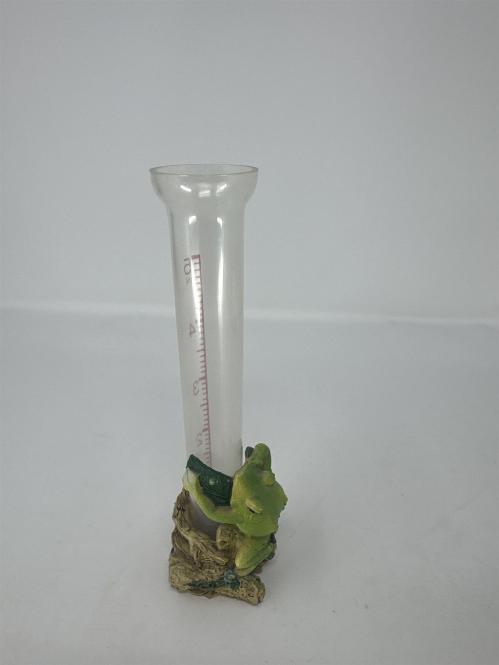 Vtg Frog on Log Rain Gauge Figurine Glass Tube Resin Garden Decor Statuary