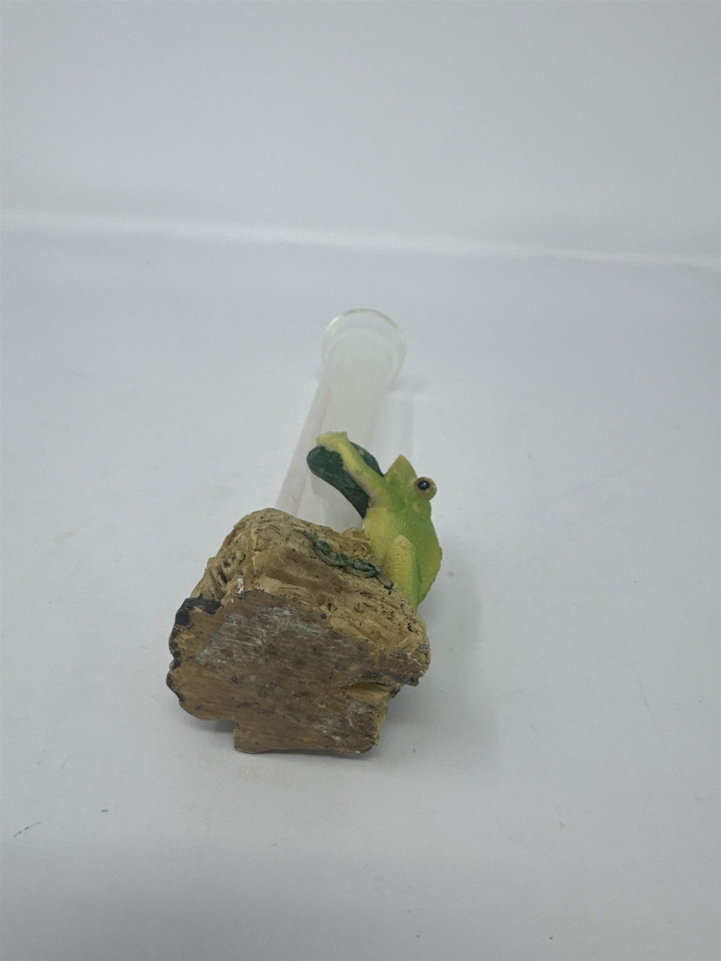 Vtg Frog on Log Rain Gauge Figurine Glass Tube Resin Garden Decor Statuary