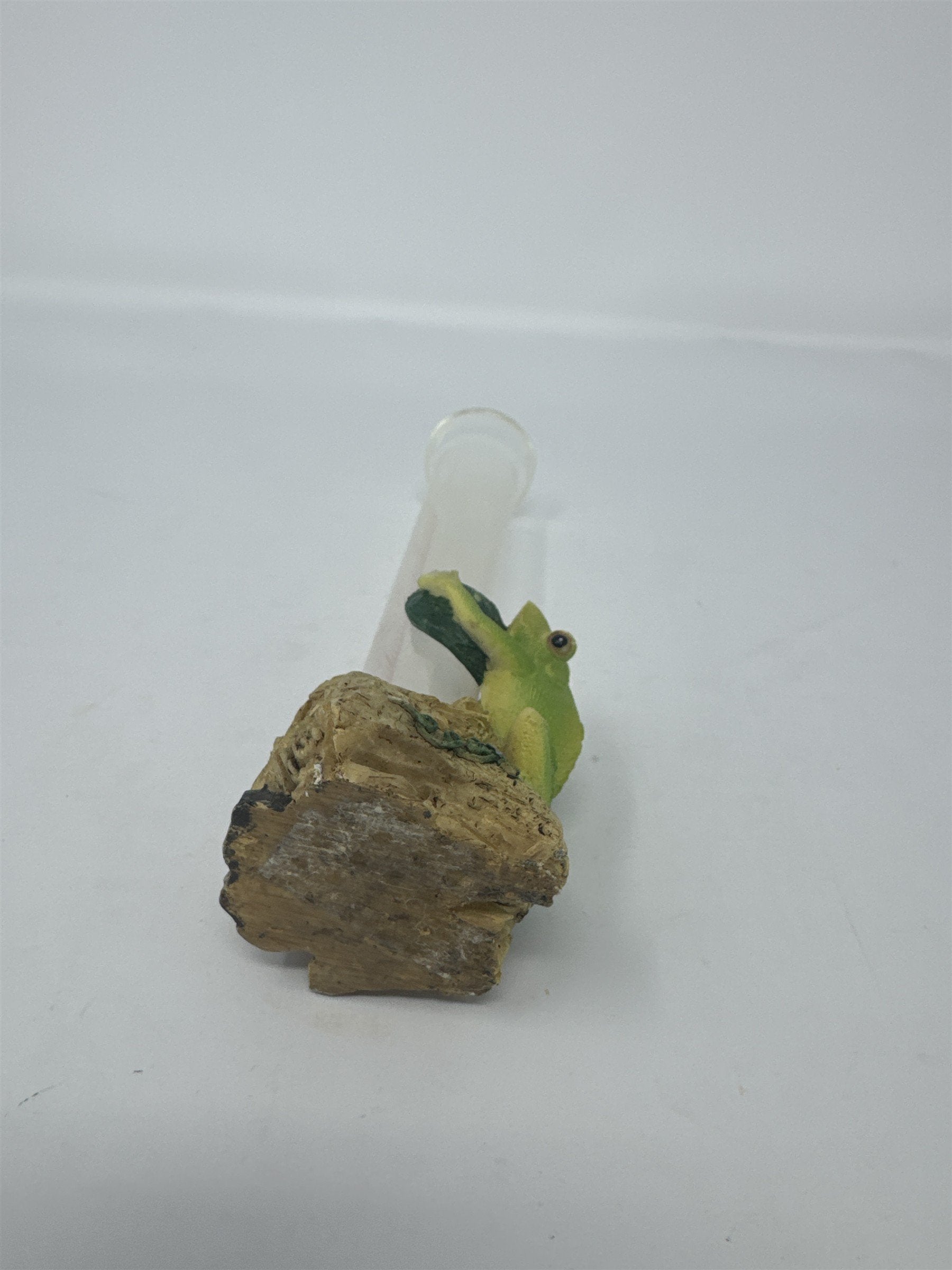 Vtg Frog on Log Rain Gauge Figurine Glass Tube Resin Garden Decor Statuary