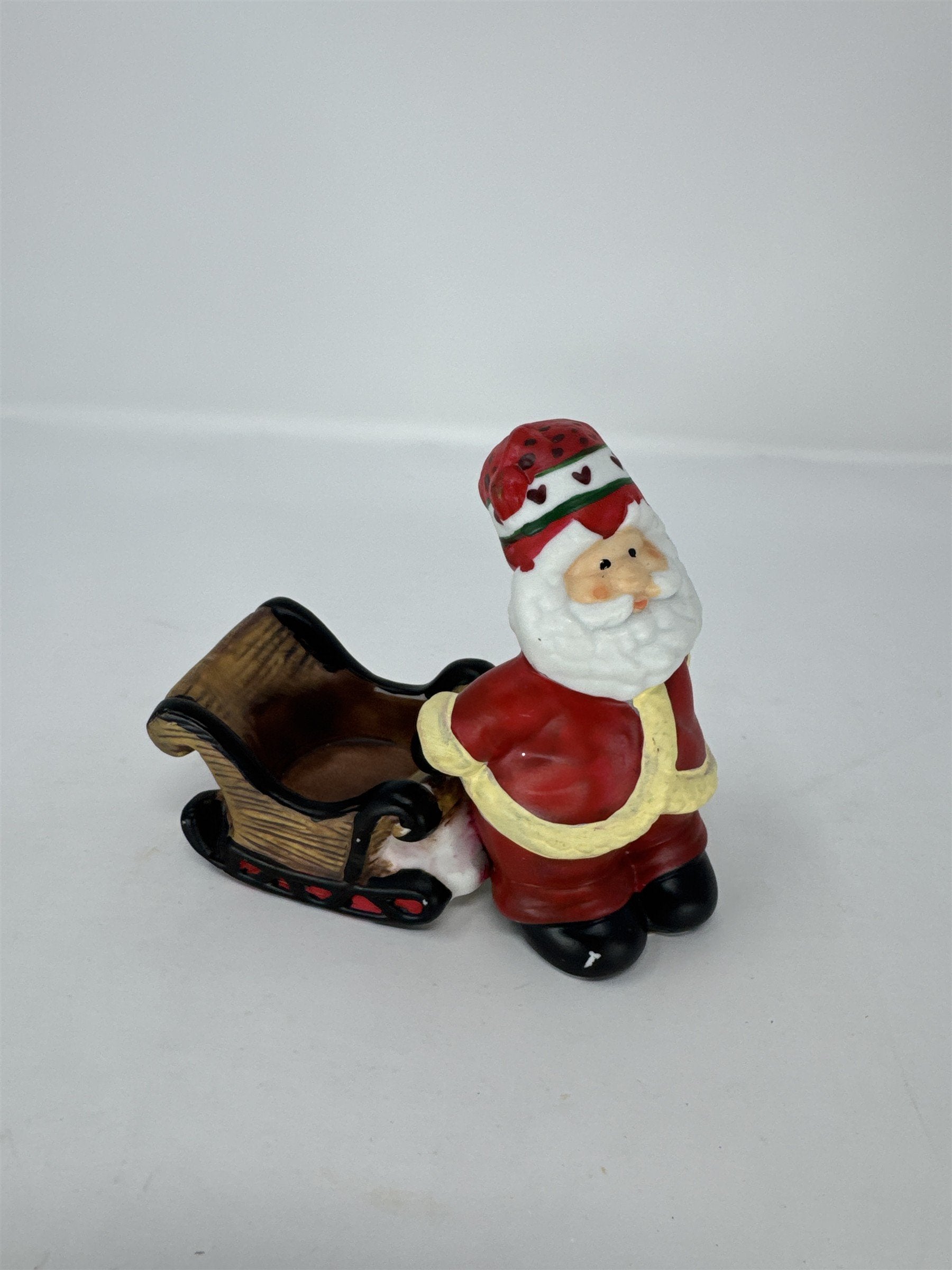 Vtg Santa Claus Sleigh Tealight Candle Holder Watermelon Hat Hearts Ceramic