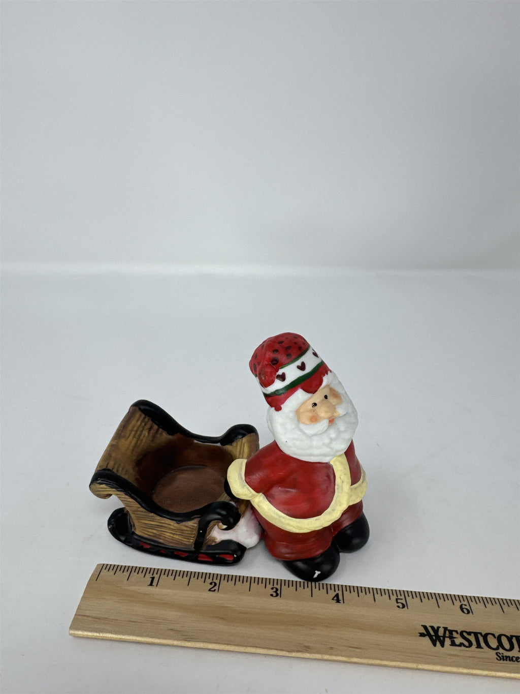 Vtg Santa Claus Sleigh Tealight Candle Holder Watermelon Hat Hearts Ceramic
