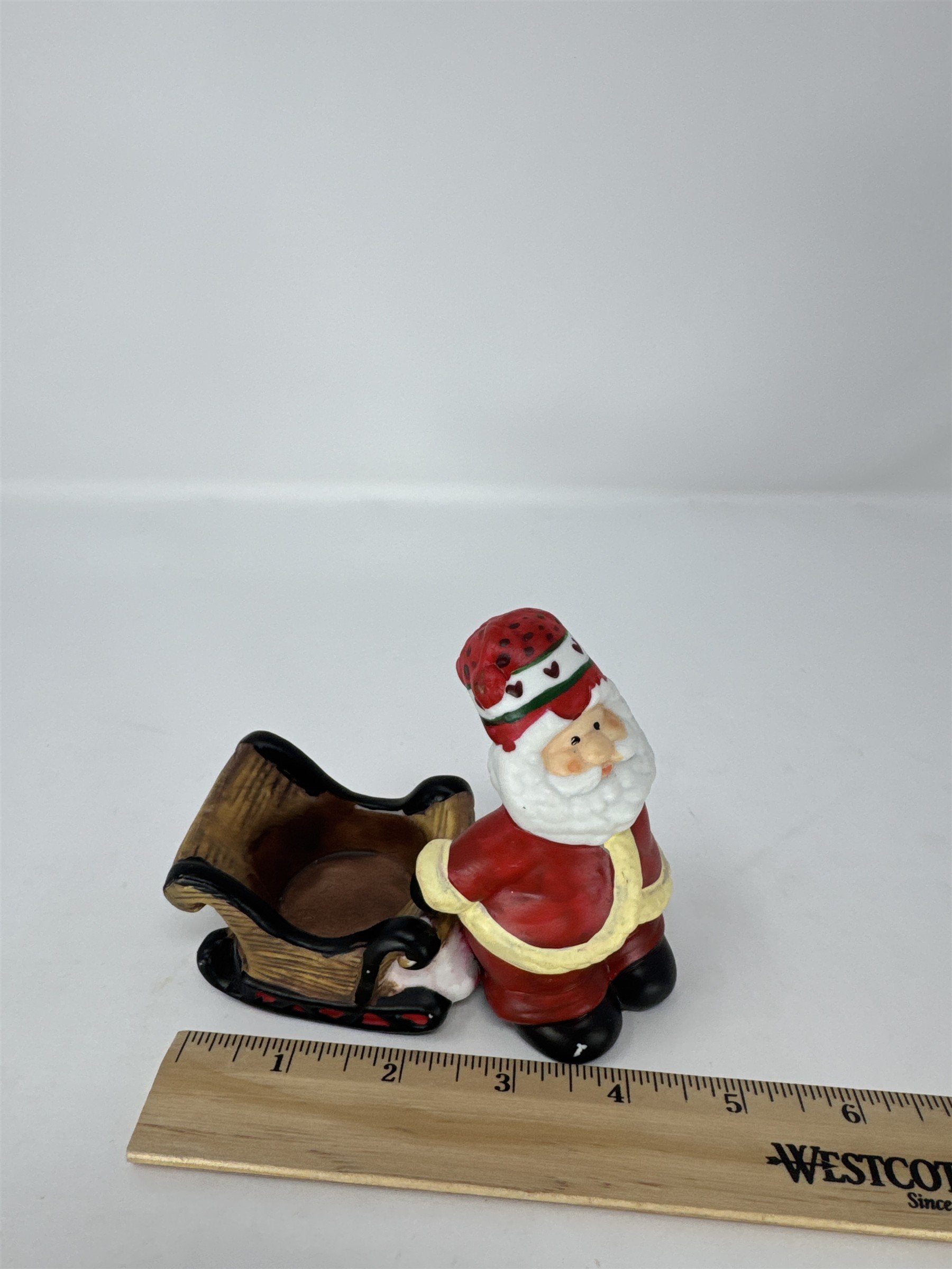 Vtg Santa Claus Sleigh Tealight Candle Holder Watermelon Hat Hearts Ceramic