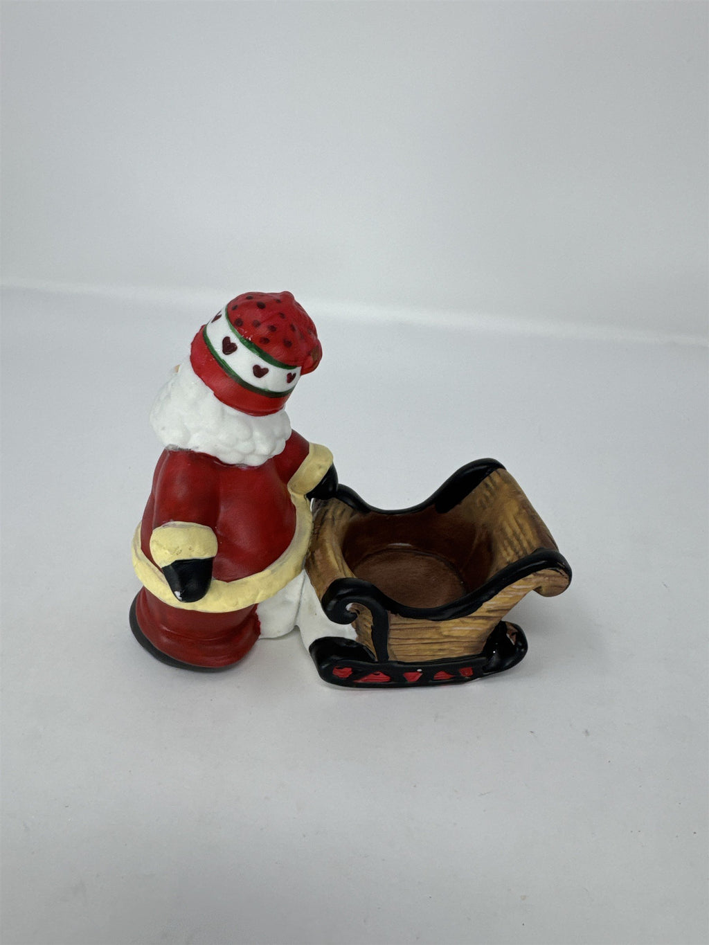 Vtg Santa Claus Sleigh Tealight Candle Holder Watermelon Hat Hearts Ceramic