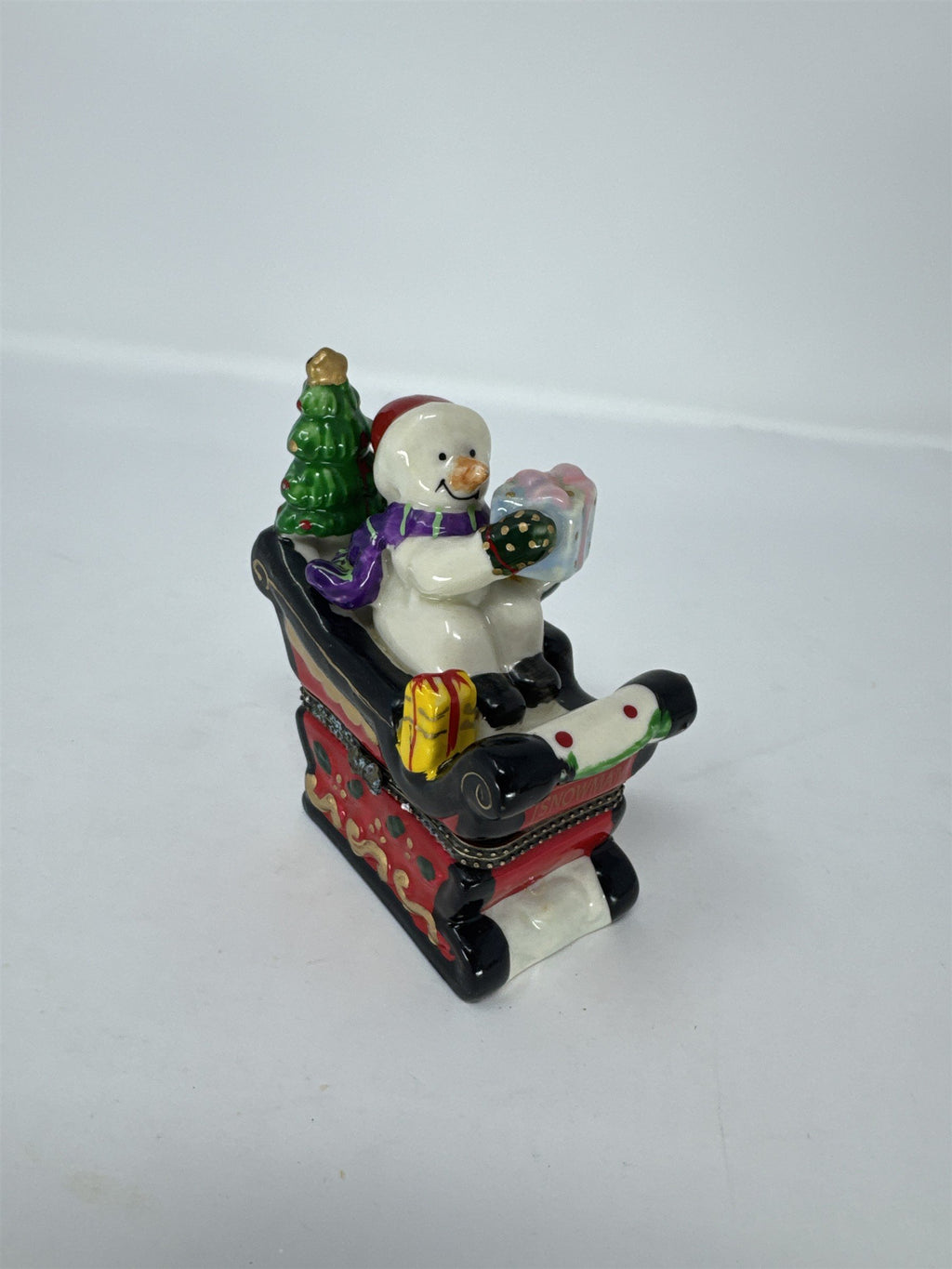Vtg Christmas Snowman Sleigh Hinged Trinket Box Hand Painted