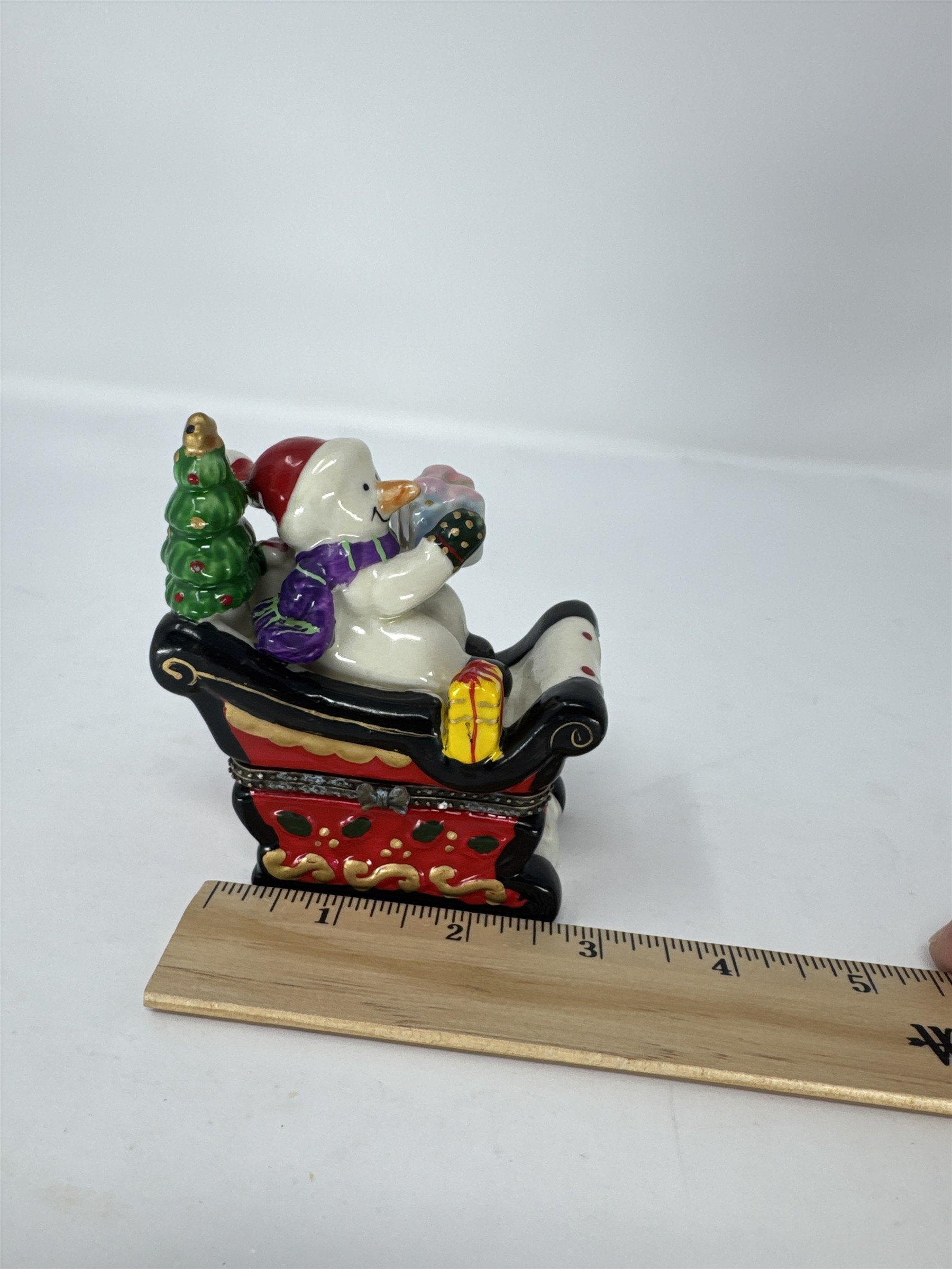 Vtg Christmas Snowman Sleigh Hinged Trinket Box Hand Painted