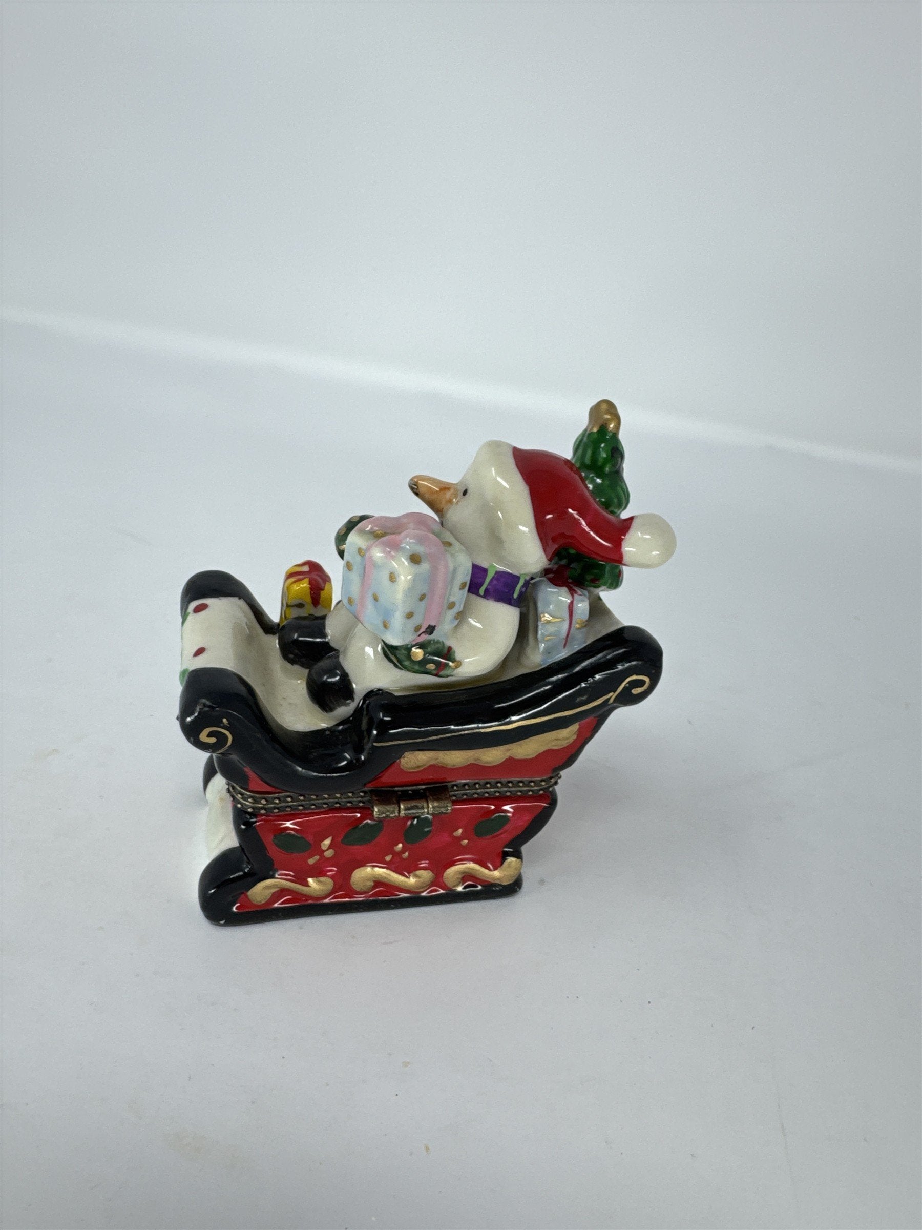 Vtg Christmas Snowman Sleigh Hinged Trinket Box Hand Painted