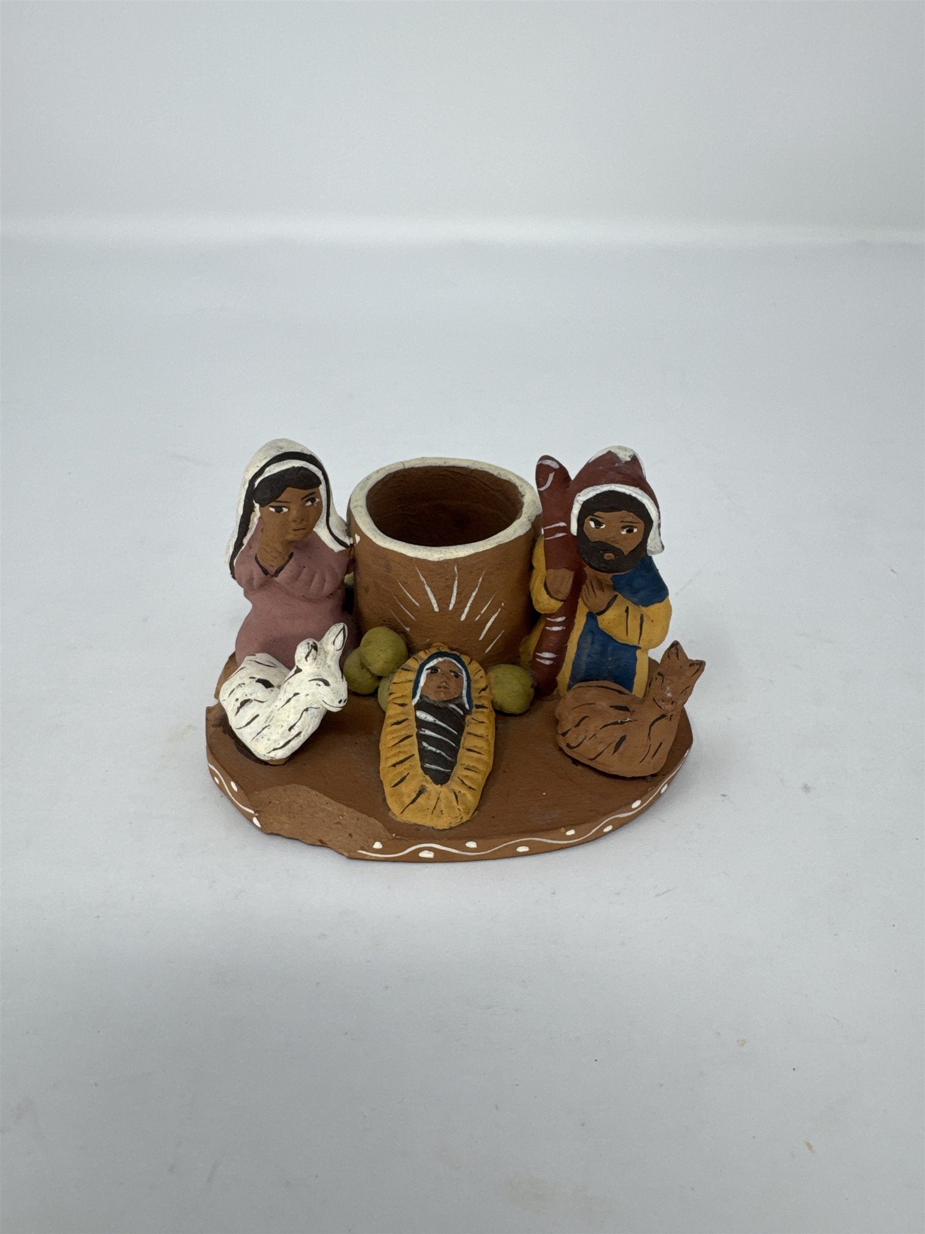 Vtg Folk Art Nativity Scene Clay Holy Family Candle Holder Hand Painted