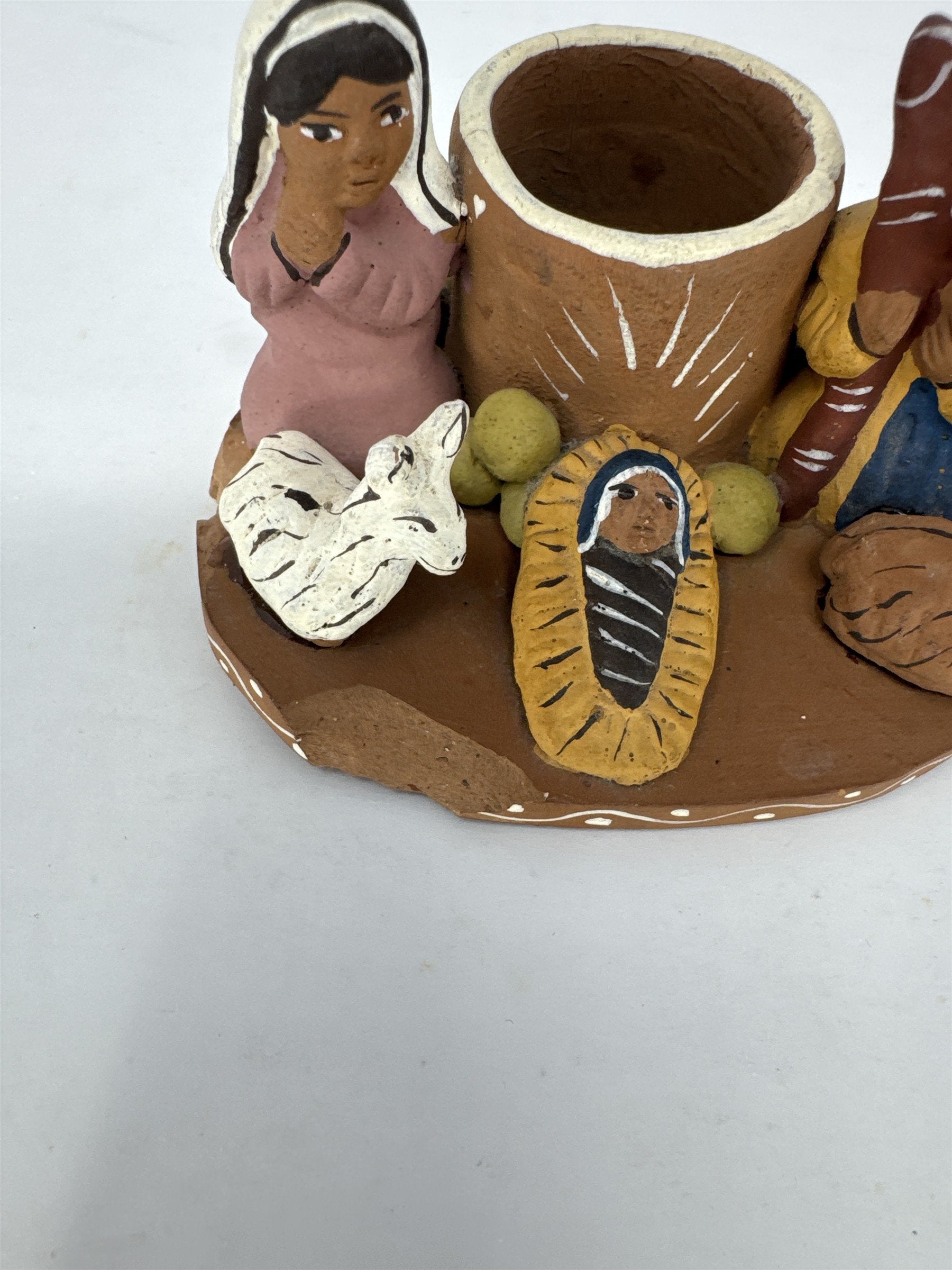 Vtg Folk Art Nativity Scene Clay Holy Family Candle Holder Hand Painted