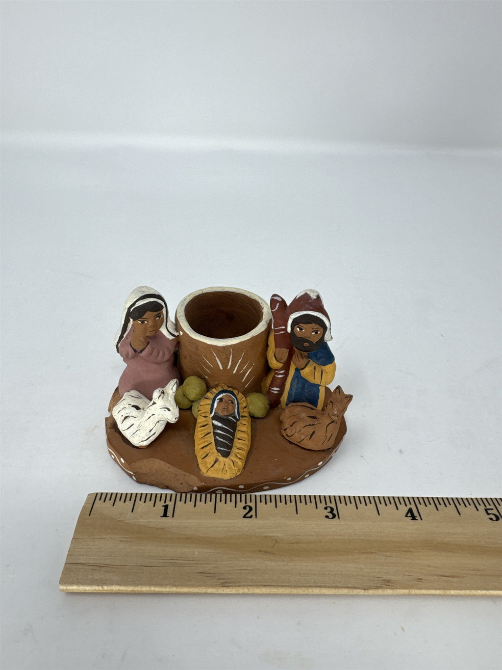 Vtg Folk Art Nativity Scene Clay Holy Family Candle Holder Hand Painted