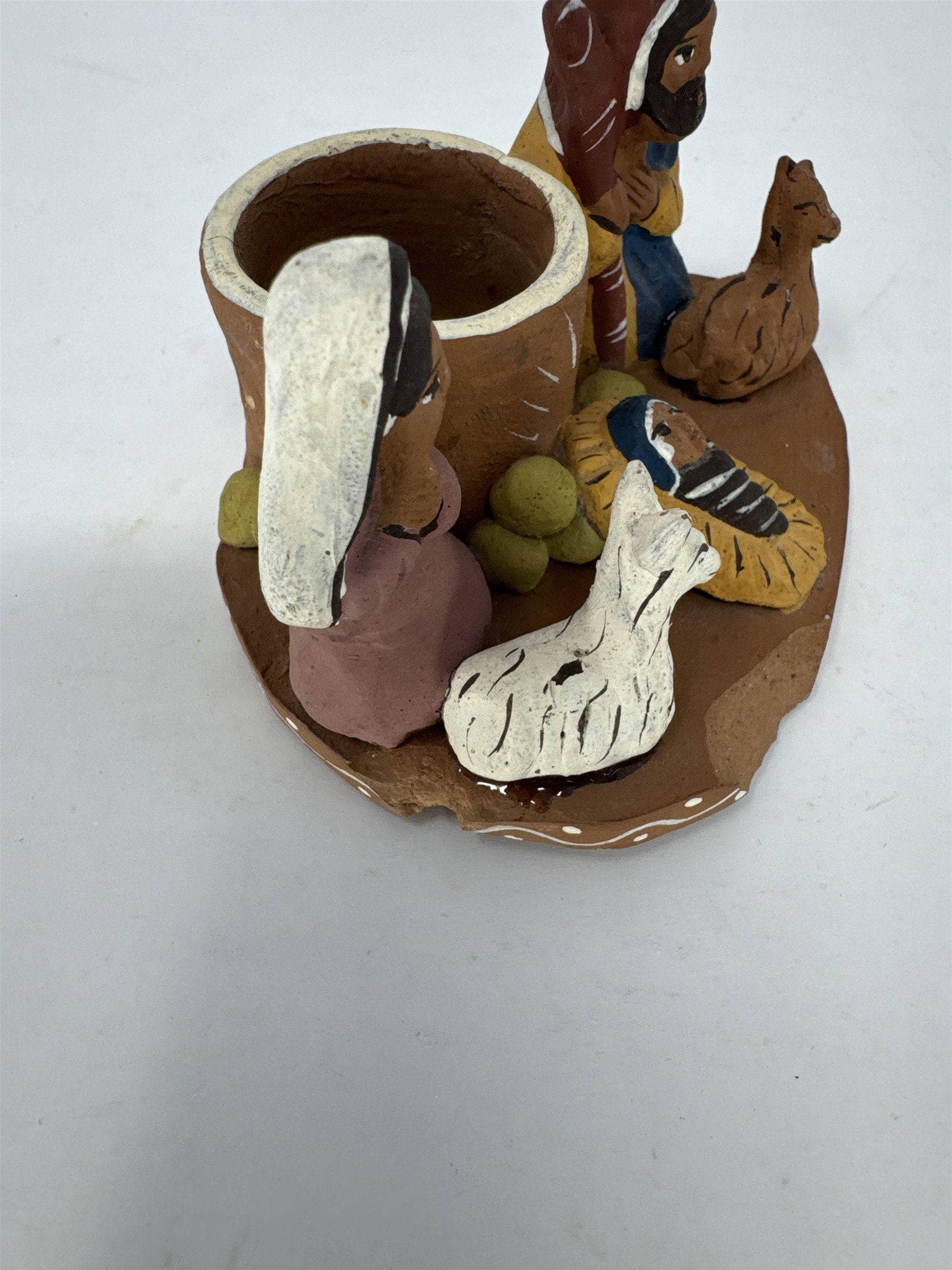 Vtg Folk Art Nativity Scene Clay Holy Family Candle Holder Hand Painted
