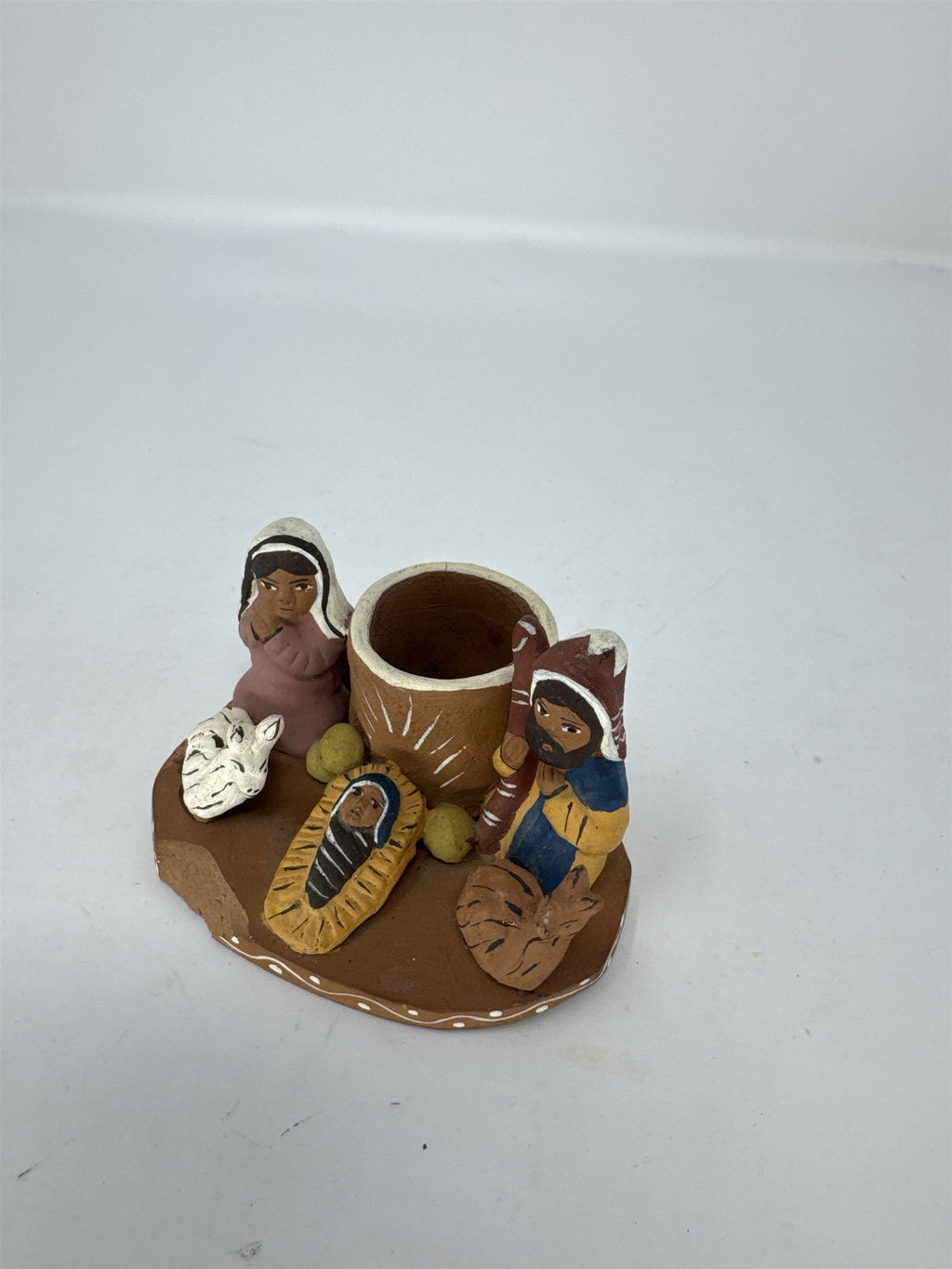 Vtg Folk Art Nativity Scene Clay Holy Family Candle Holder Hand Painted
