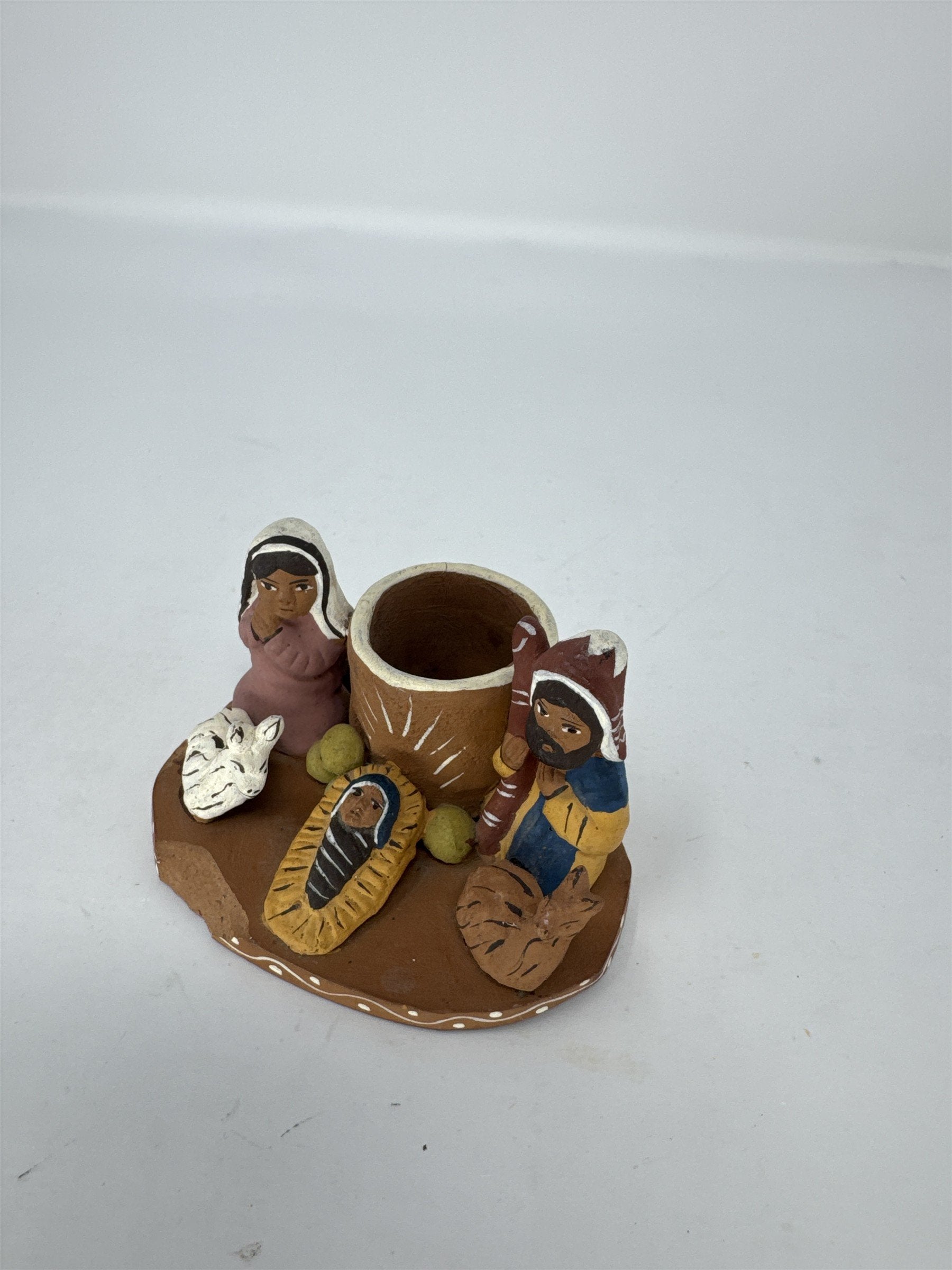 Vtg Folk Art Nativity Scene Clay Holy Family Candle Holder Hand Painted