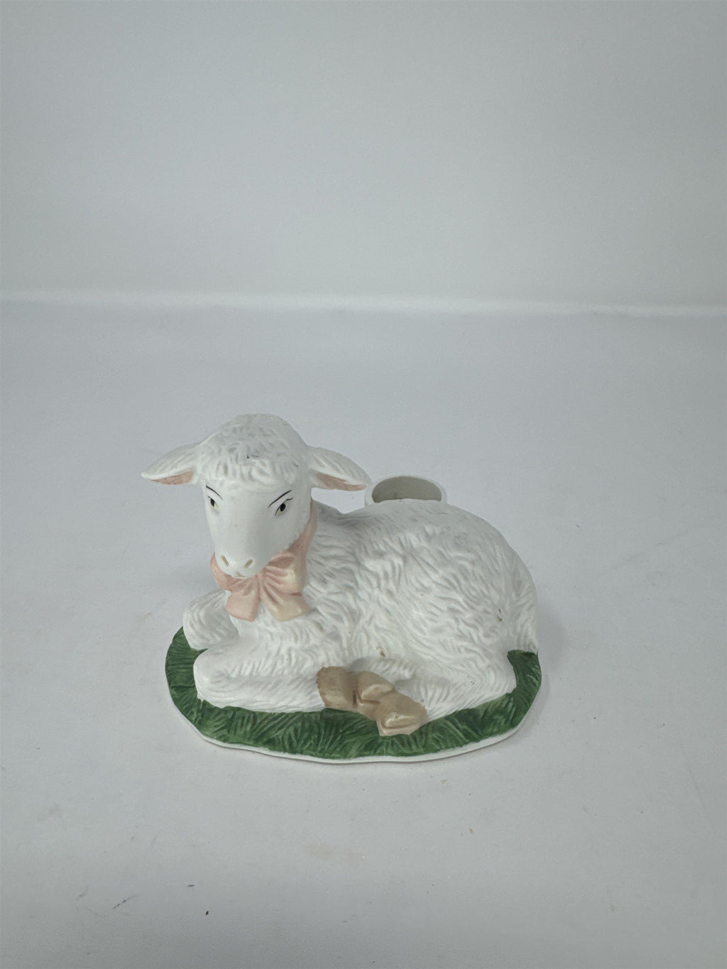 Vtg Porcelain Lamb Figurine Taper Candle Holder Pink Bow Hand Painted Philippine