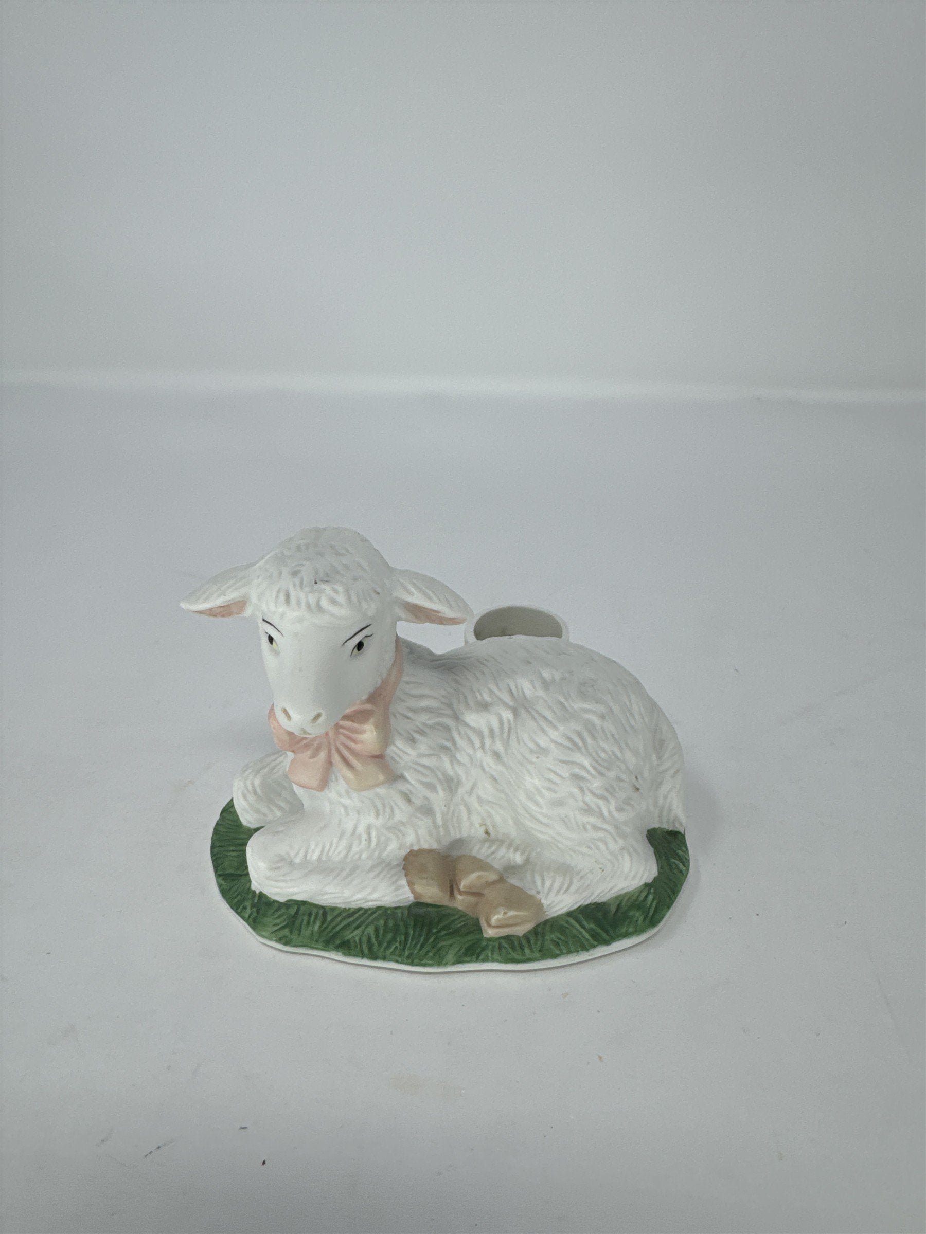 Vtg Porcelain Lamb Figurine Taper Candle Holder Pink Bow Hand Painted Philippine