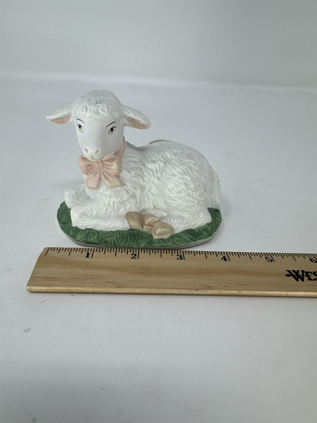 Vtg Porcelain Lamb Figurine Taper Candle Holder Pink Bow Hand Painted Philippine