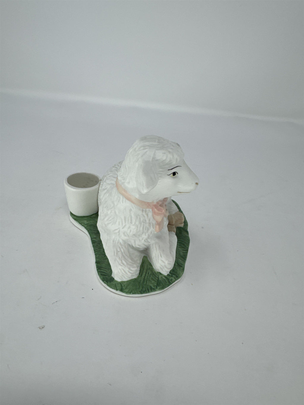 Vtg Porcelain Lamb Figurine Taper Candle Holder Pink Bow Hand Painted Philippine