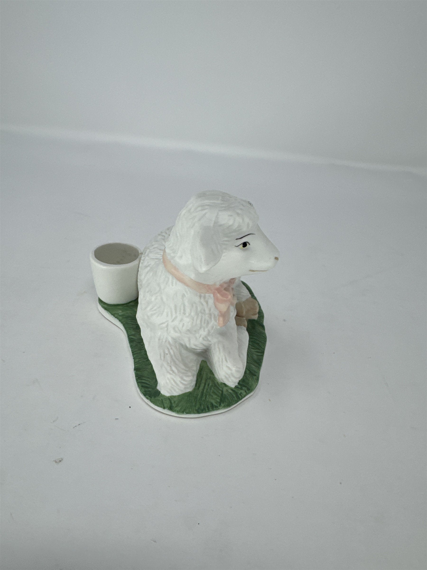 Vtg Porcelain Lamb Figurine Taper Candle Holder Pink Bow Hand Painted Philippine