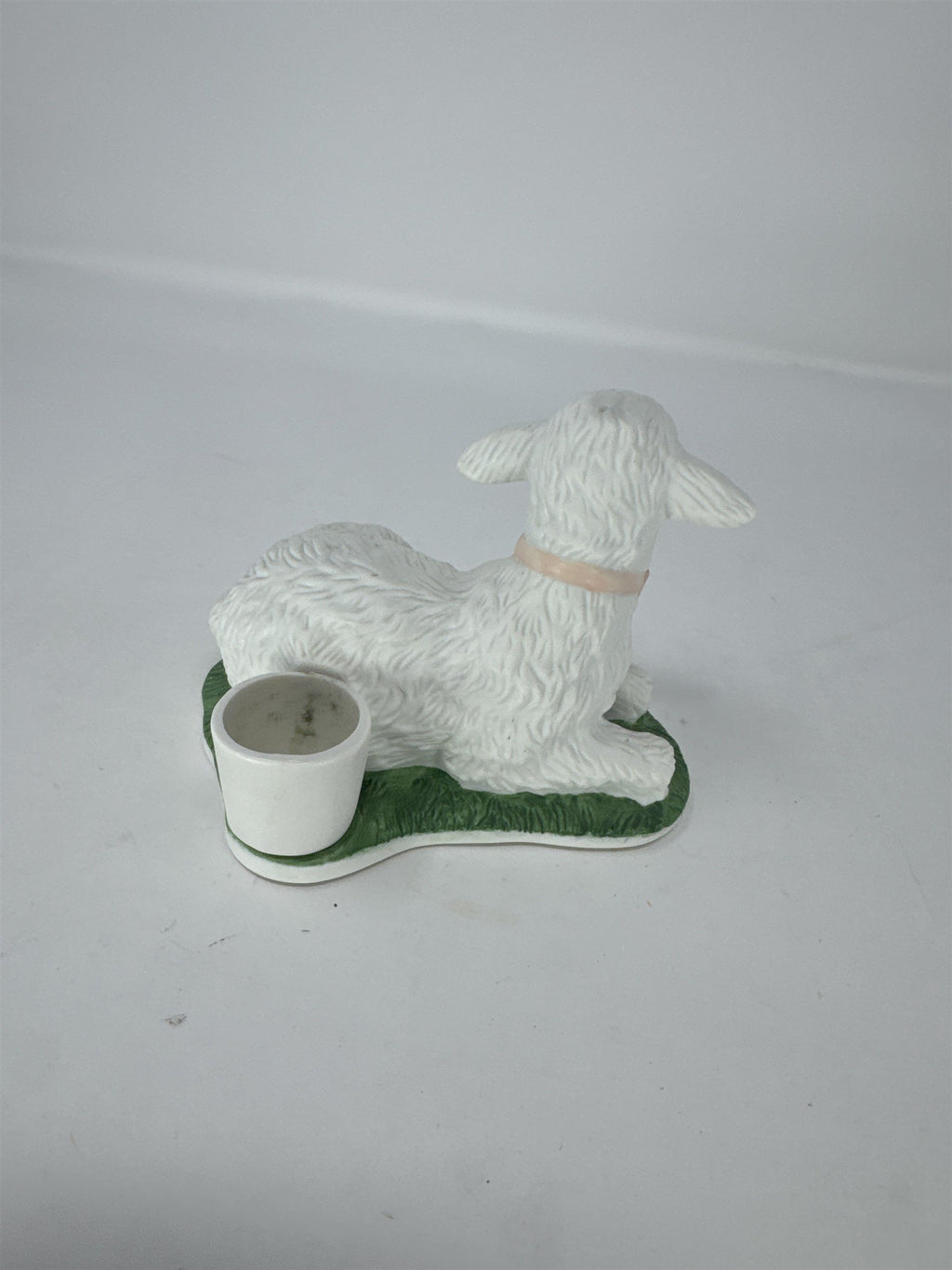 Vtg Porcelain Lamb Figurine Taper Candle Holder Pink Bow Hand Painted Philippine