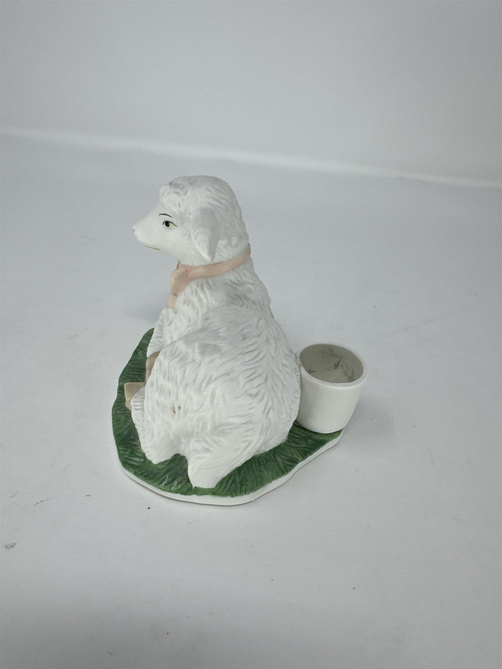 Vtg Porcelain Lamb Figurine Taper Candle Holder Pink Bow Hand Painted Philippine
