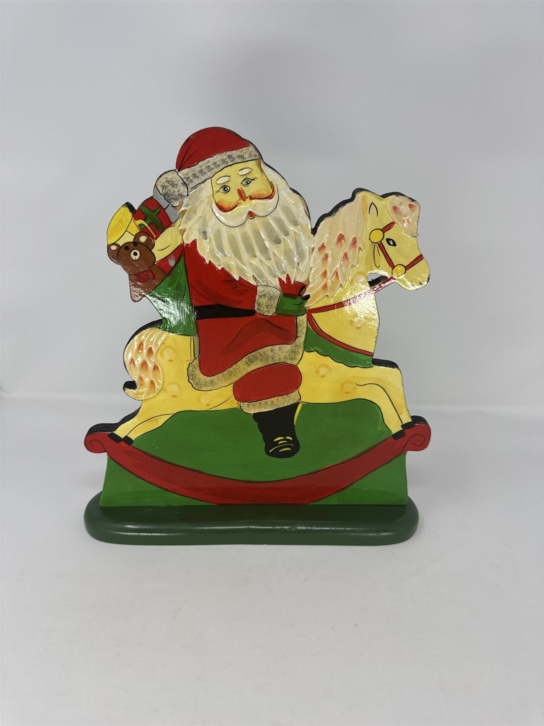 Vtg Wood Santa on Rocking Horse Folk Art Cutout Hand Painted Christmas Decor