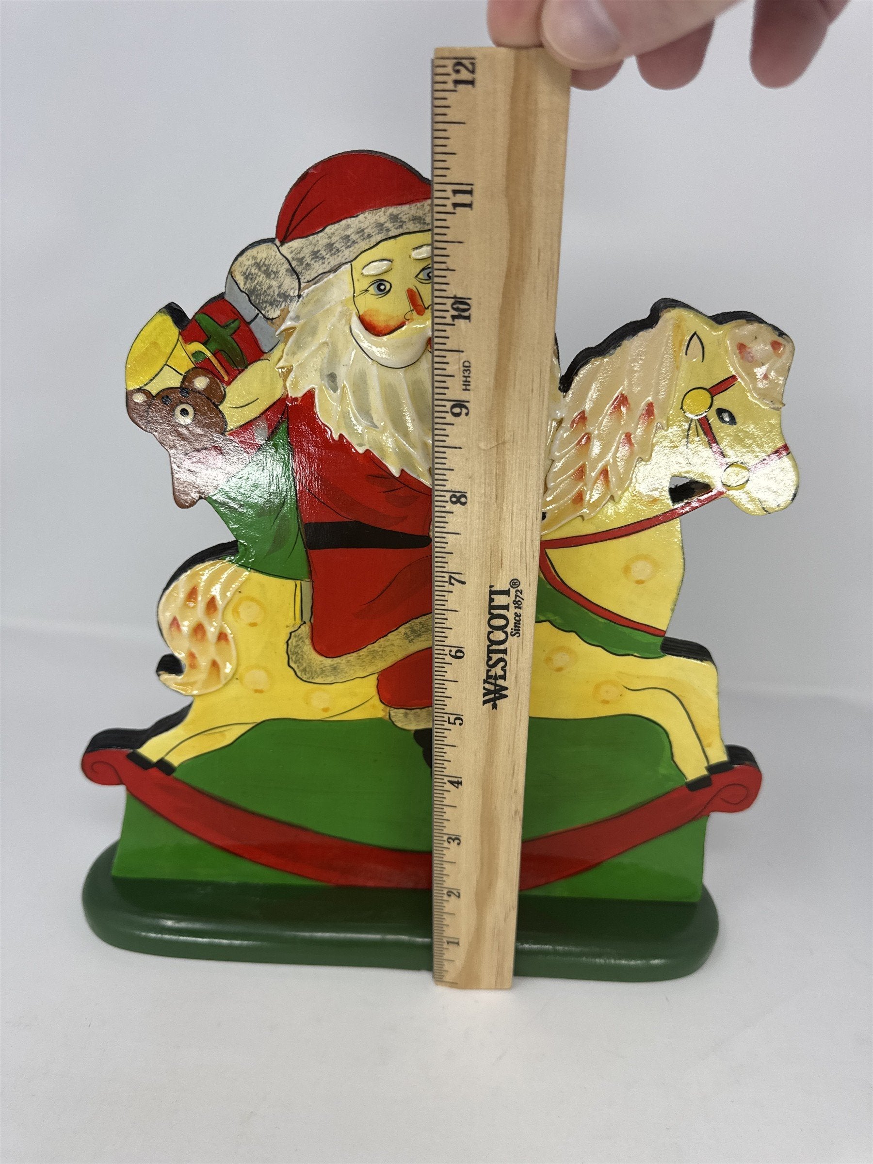 Vtg Wood Santa on Rocking Horse Folk Art Cutout Hand Painted Christmas Decor